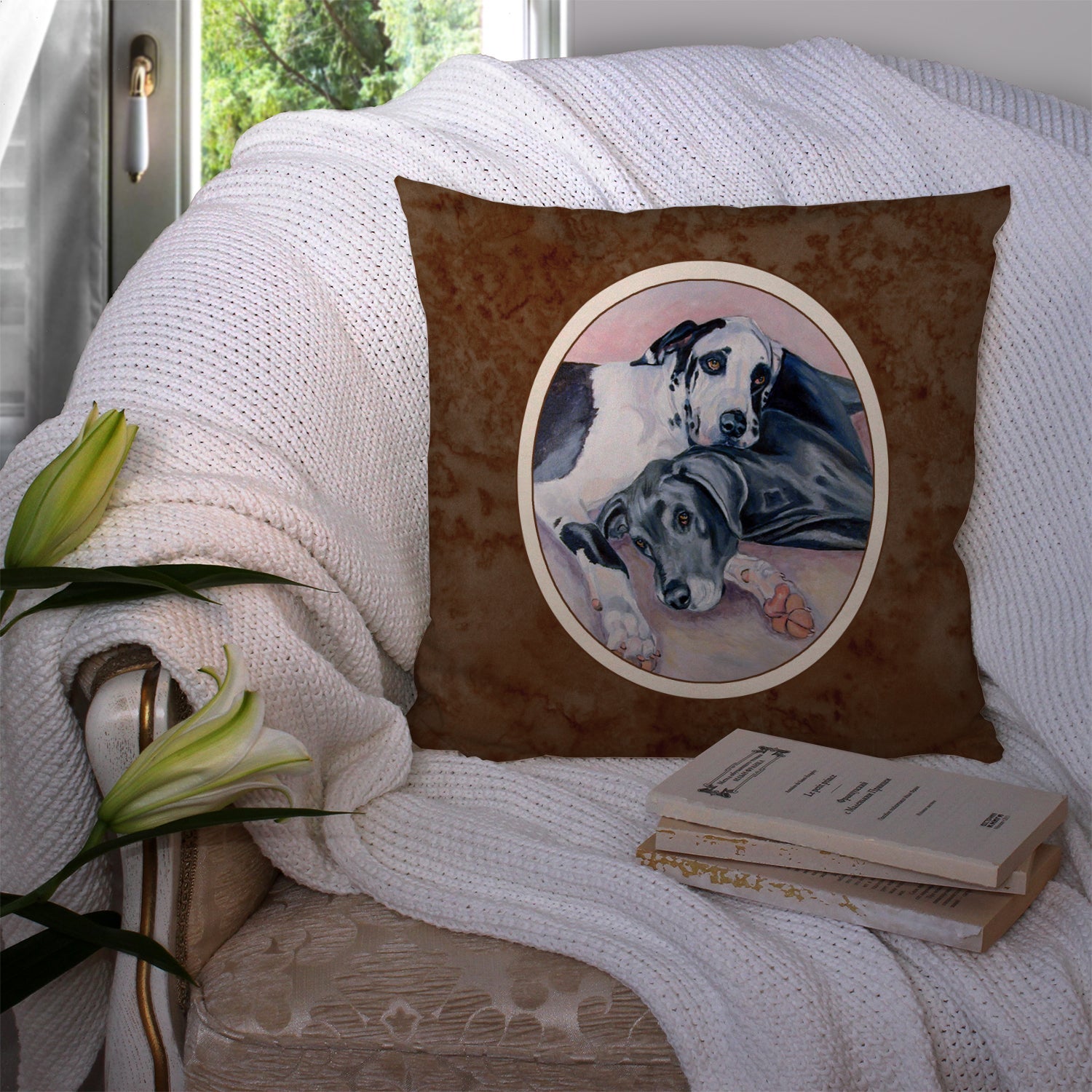 Black and Harlequin Great Dane Decorative Throw Pillow 14x14 Indoor Outdoor Accent Cushion, Fabric Cover with Insert for Sofa, Bed, Porch & Living Room