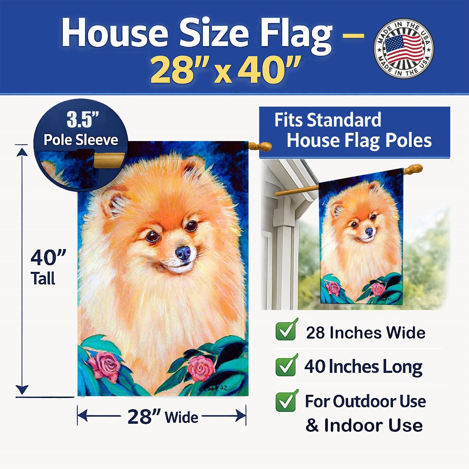 Pomeranian House Flag 28x40 Porch Sleeve Pole Decorative Outside Yard Banner Artwork Wall Hanging, Polyester