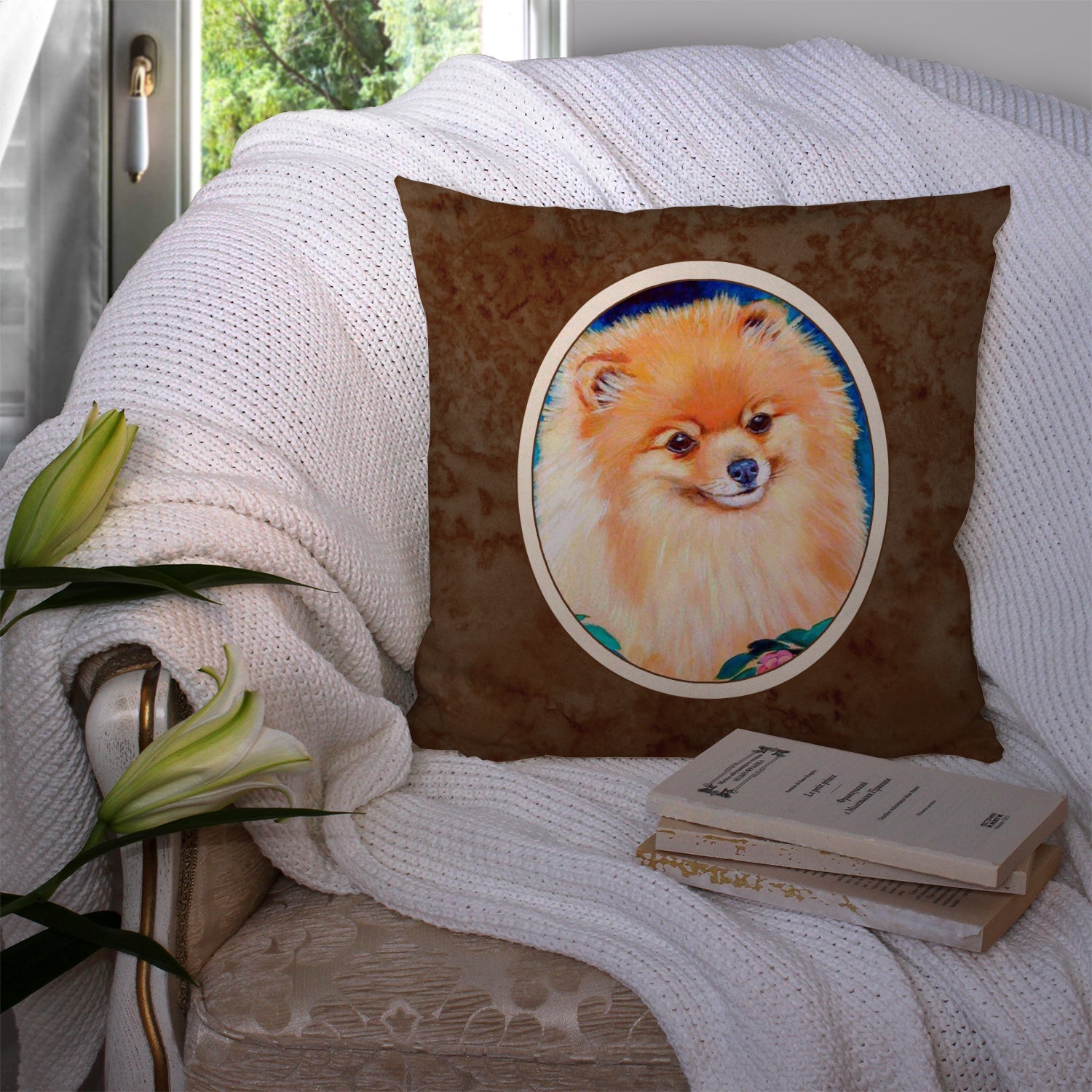 Pomeranian Decorative Throw Pillow 14x14 Indoor Outdoor Accent Cushion, Fabric Cover with Insert for Sofa, Bed, Porch & Living Room