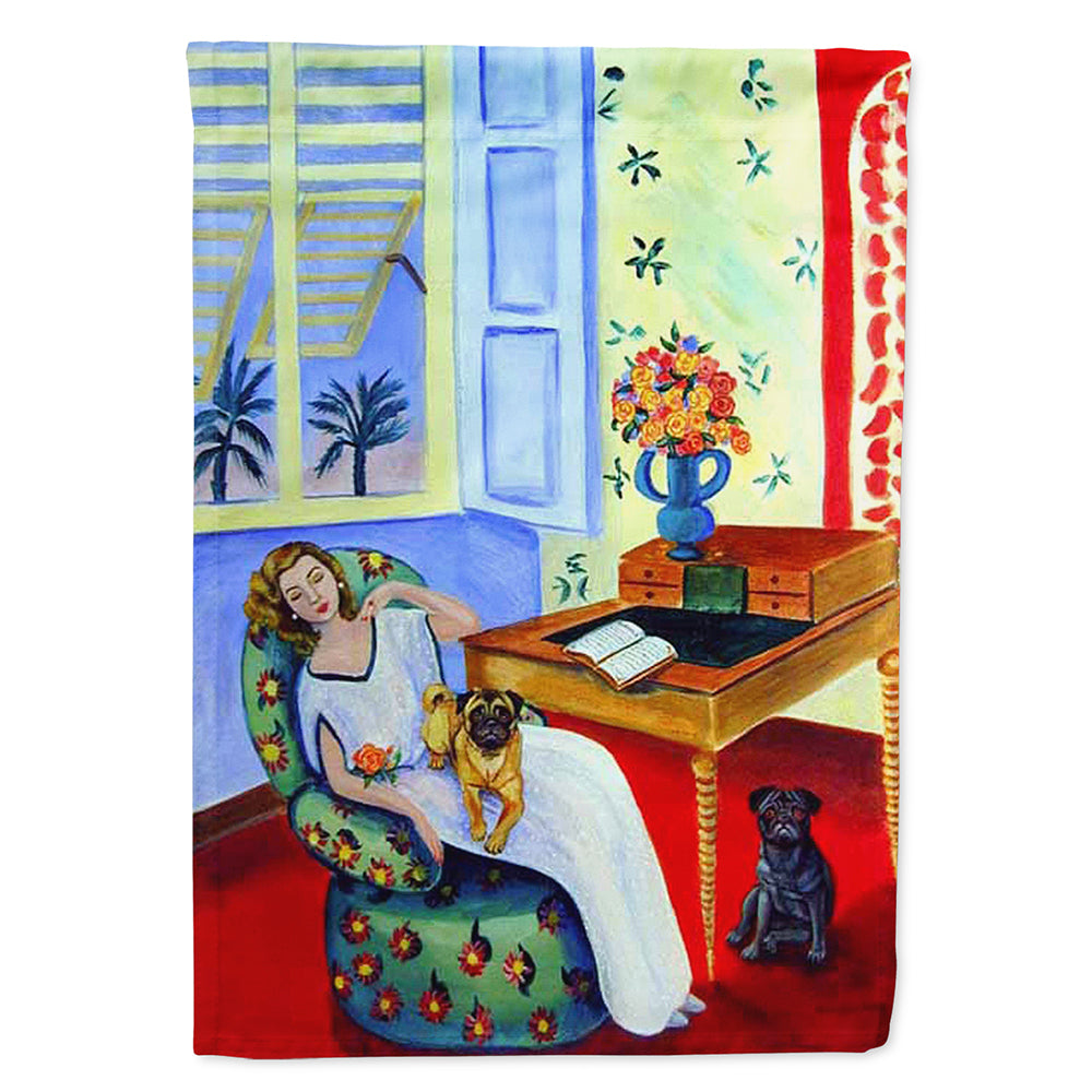 Lady with her Pug House Flag 28x40 Porch Sleeve Pole Decorative Outside Yard Banner Artwork Wall Hanging, Polyester