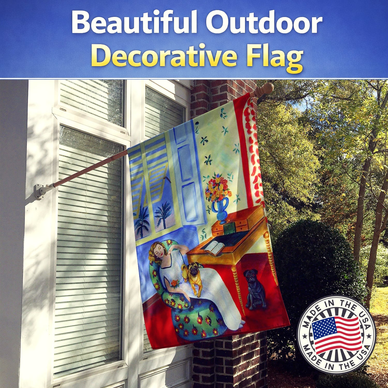 Lady with her Pug House Flag 28x40 Porch Sleeve Pole Decorative Outside Yard Banner Artwork Wall Hanging, Polyester