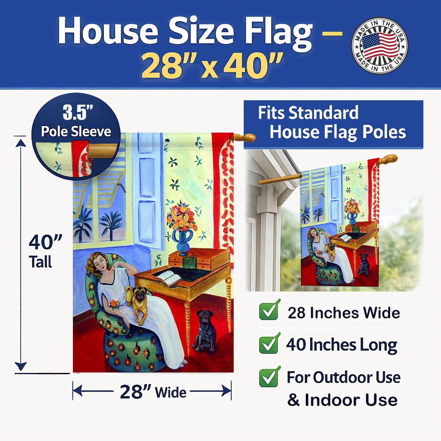 Lady with her Pug House Flag 28x40 Porch Sleeve Pole Decorative Outside Yard Banner Artwork Wall Hanging, Polyester