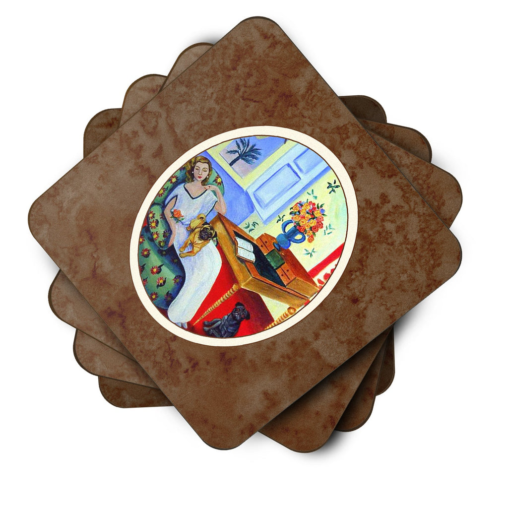 Lady with her Pug Foam Coasters Set of 4 Cup Coasters for Indoor Outdoor, Tabletop Protection, Anti Slip, Mouse pad Material