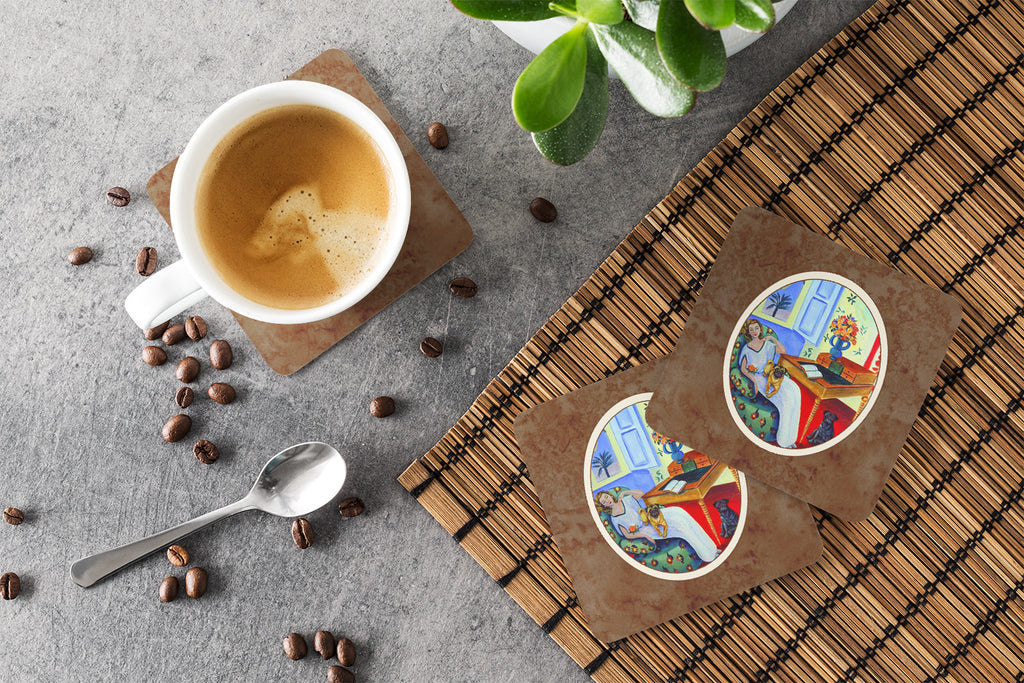 Lady with her Pug Foam Coasters Set of 4 Cup Coasters for Indoor Outdoor, Tabletop Protection, Anti Slip, Mouse pad Material