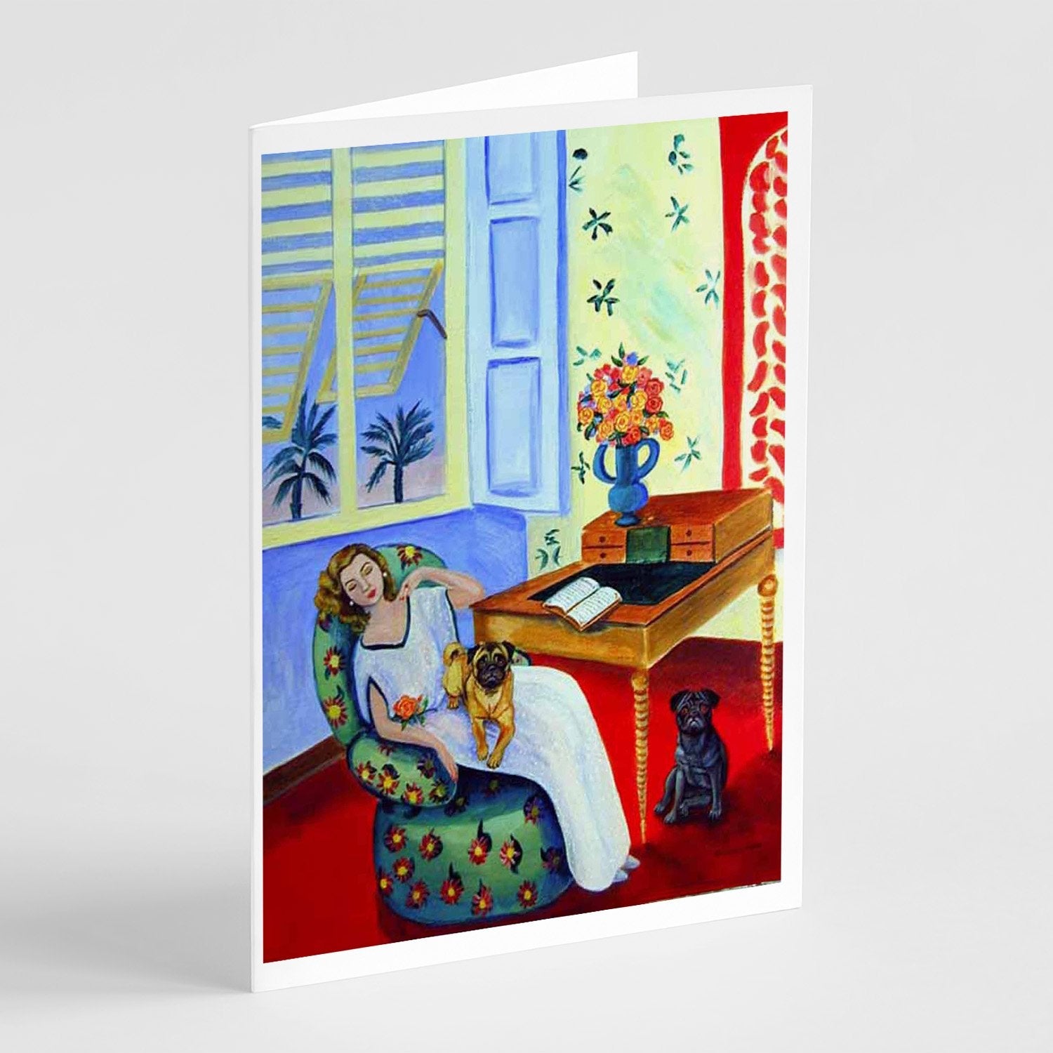 Lady with her Pug Greeting Cards Pack of 8 Blank Cards with Envelopes Whimsical A7 Size 5x7