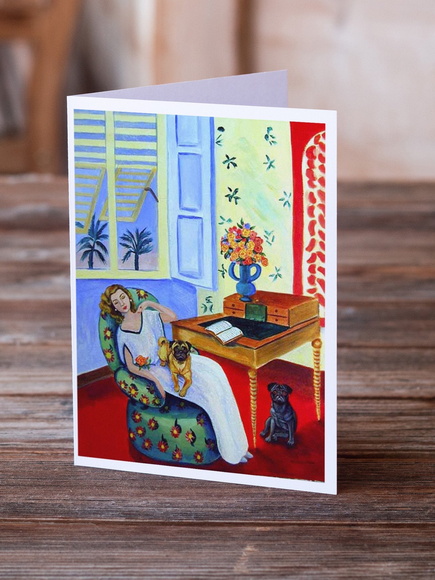 Lady with her Pug Greeting Cards Pack of 8 Blank Cards with Envelopes Whimsical A7 Size 5x7