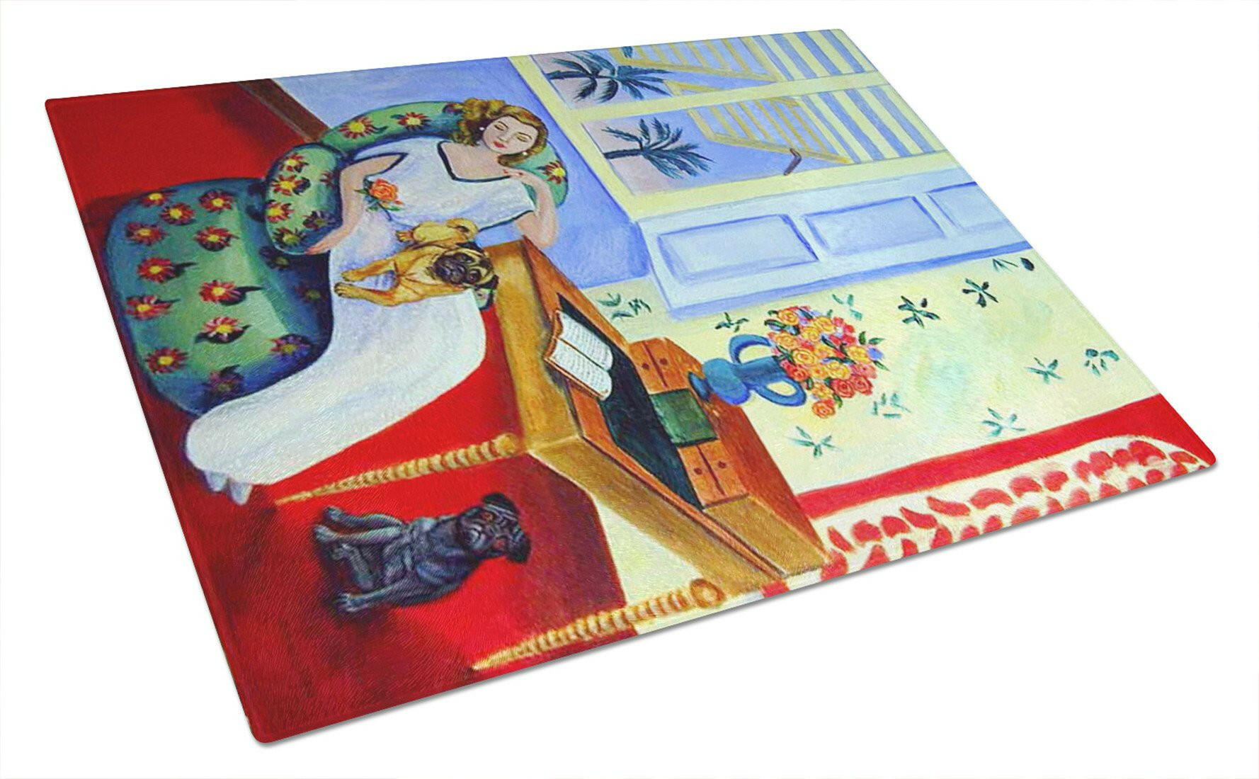 Lady with her Pug Cutting Board Tempered Glass Kitchen Cutting Surface, Heat Resistant Chopping, Non-Slip Feet, Food Prep & Serving