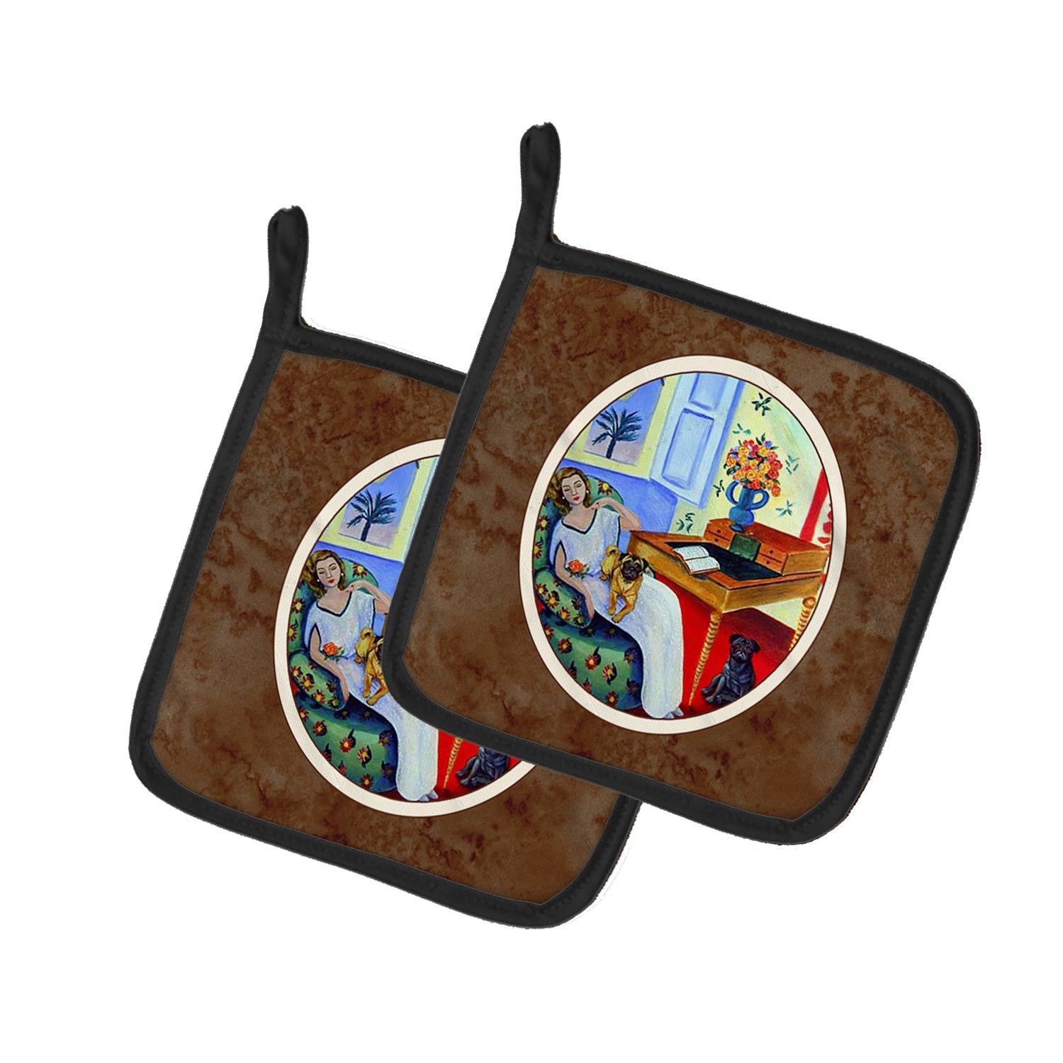 Lady with her Pug Pot Holder Set of 2 Heat Resistant Quilted Hot Pads 7.5 x 7.5 Inch, Insulated Kitchen Trivets for Cooking & Baking