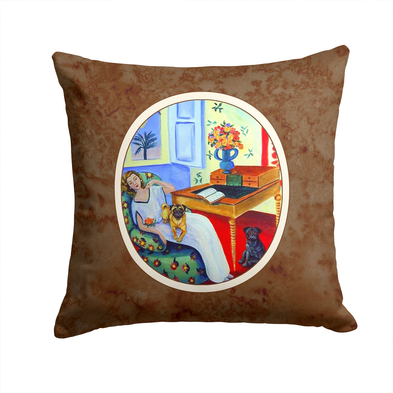 Lady with her Pug Decorative Throw Pillow 14x14 Indoor Outdoor Accent Cushion, Fabric Cover with Insert for Sofa, Bed, Porch & Living Room
