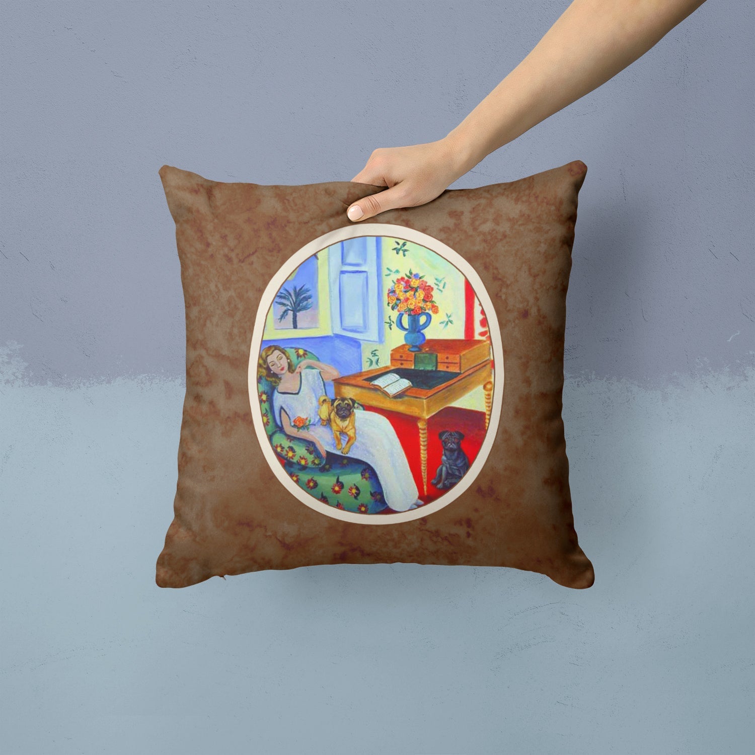 Lady with her Pug Decorative Throw Pillow 14x14 Indoor Outdoor Accent Cushion, Fabric Cover with Insert for Sofa, Bed, Porch & Living Room