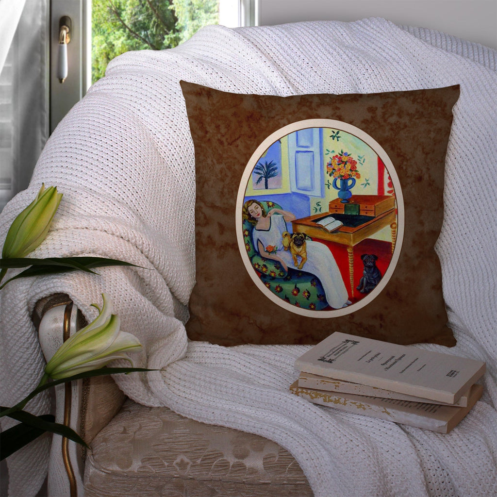 Lady with her Pug Decorative Throw Pillow 14x14 Indoor Outdoor Accent Cushion, Fabric Cover with Insert for Sofa, Bed, Porch & Living Room