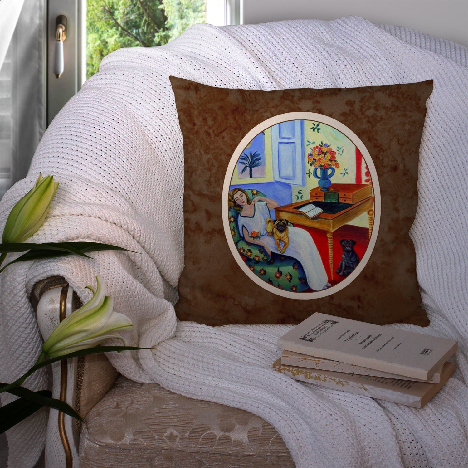 Lady with her Pug Decorative Throw Pillow 14x14 Indoor Outdoor Accent Cushion, Fabric Cover with Insert for Sofa, Bed, Porch & Living Room