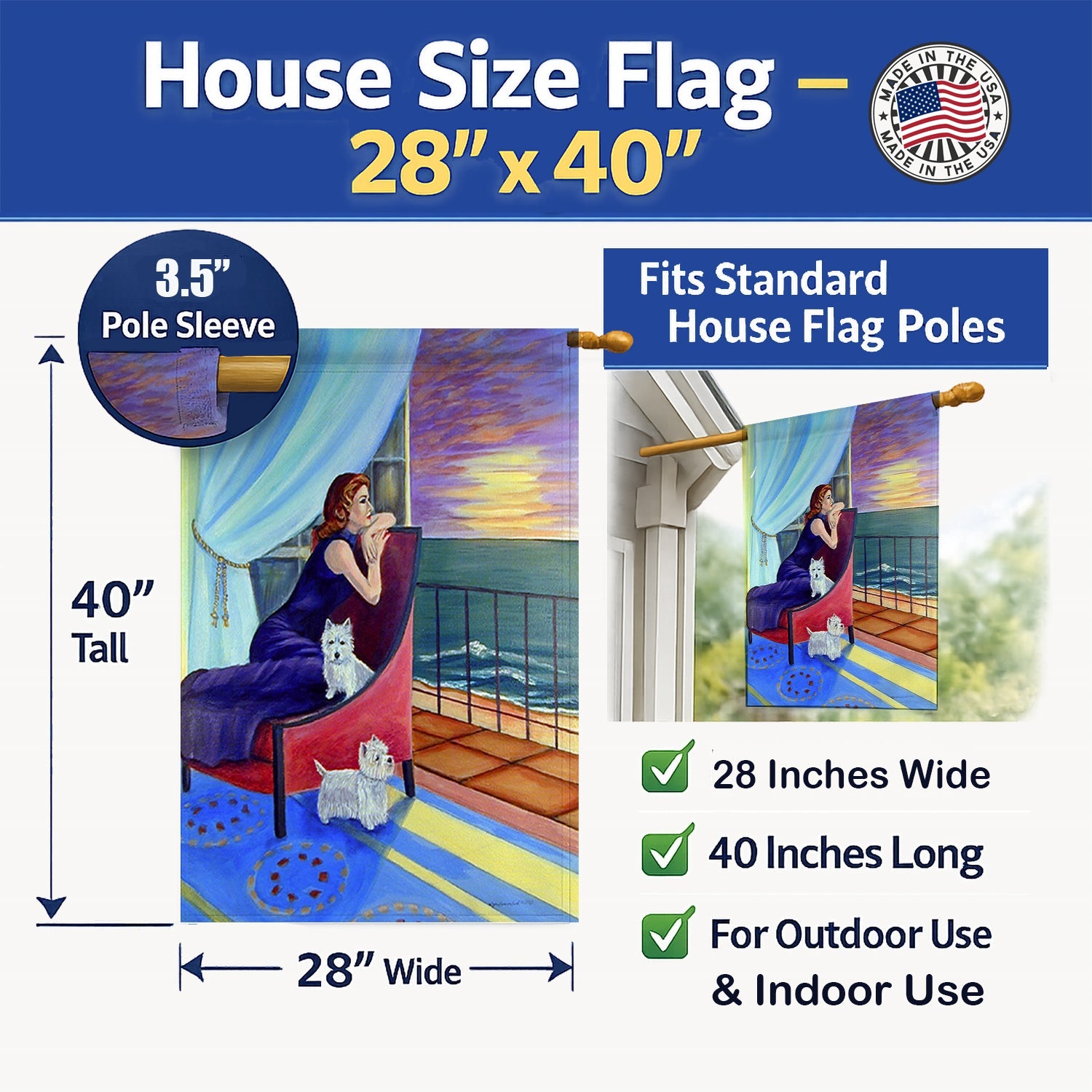 Lady with her Westie House Flag 28x40 Porch Sleeve Pole Decorative Outside Yard Banner Artwork Wall Hanging, Polyester