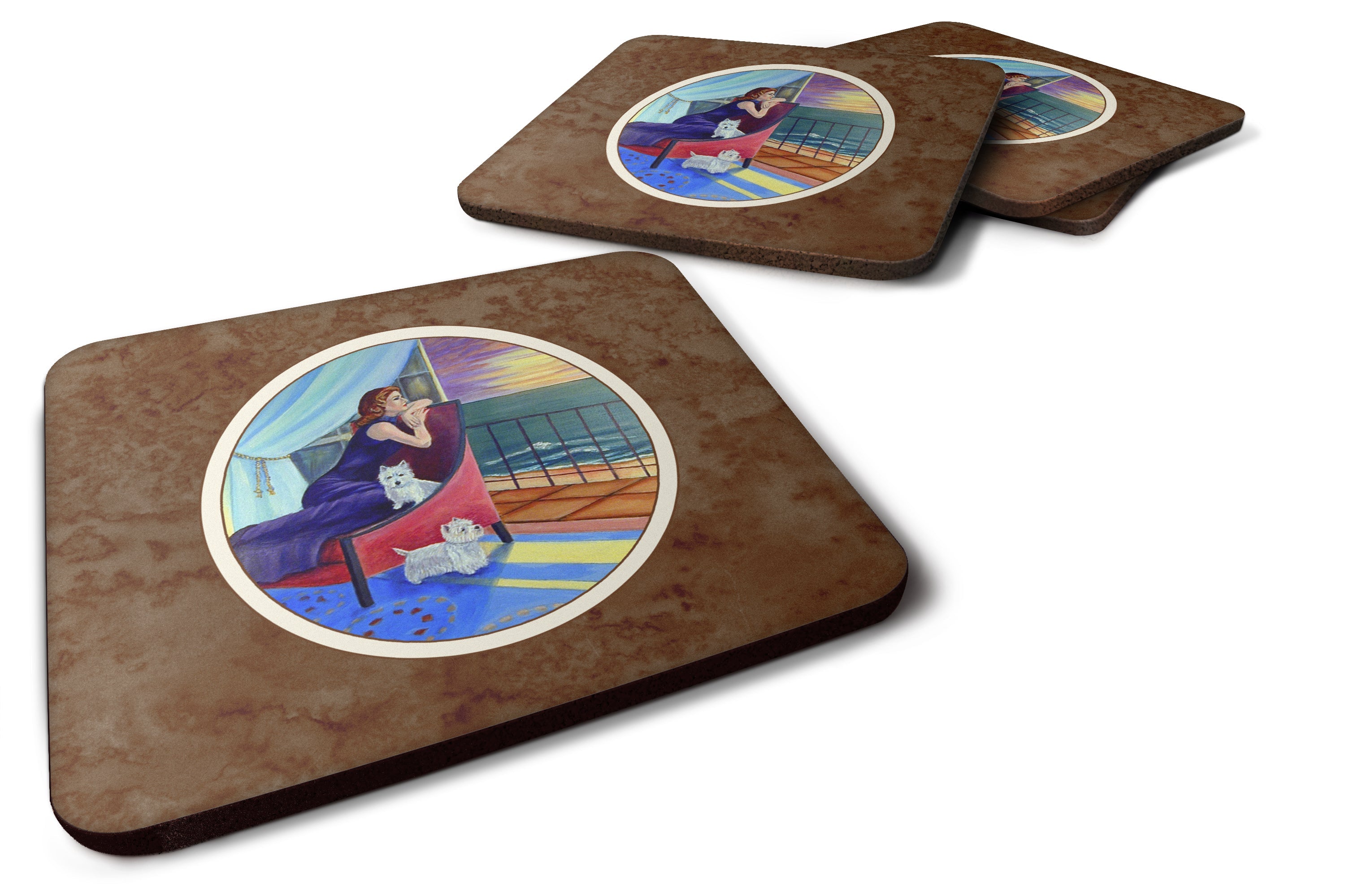 Lady with her Westie Foam Coasters Set of 4 Cup Coasters for Indoor Outdoor, Tabletop Protection, Anti Slip, Mouse pad Material