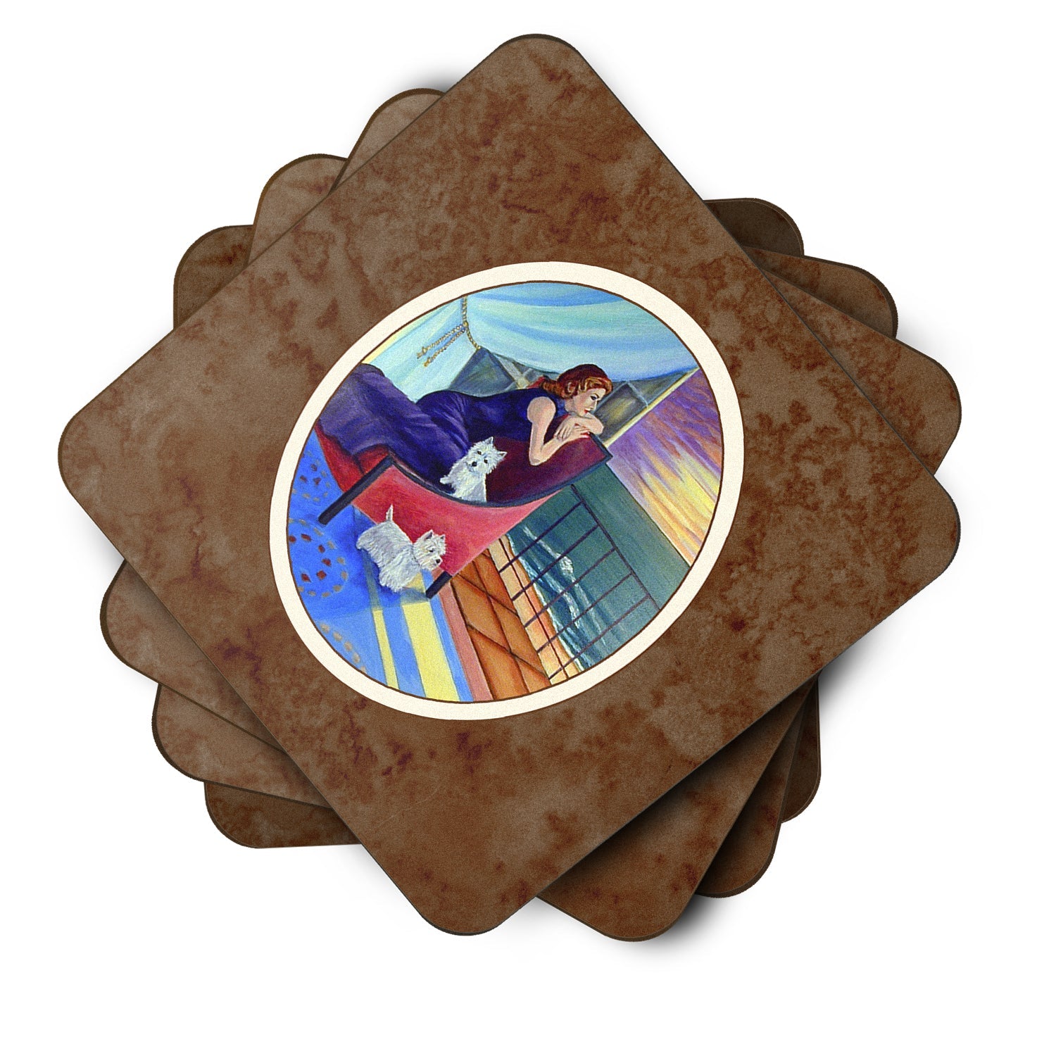 Lady with her Westie Foam Coasters Set of 4 Cup Coasters for Indoor Outdoor, Tabletop Protection, Anti Slip, Mouse pad Material