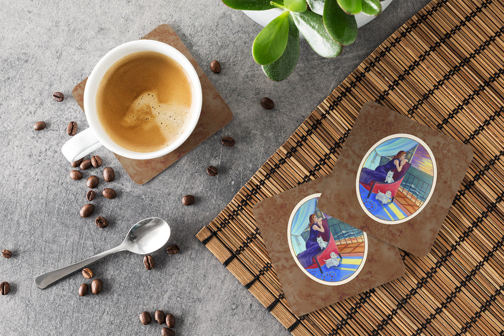 Lady with her Westie Foam Coasters Set of 4 Cup Coasters for Indoor Outdoor, Tabletop Protection, Anti Slip, Mouse pad Material