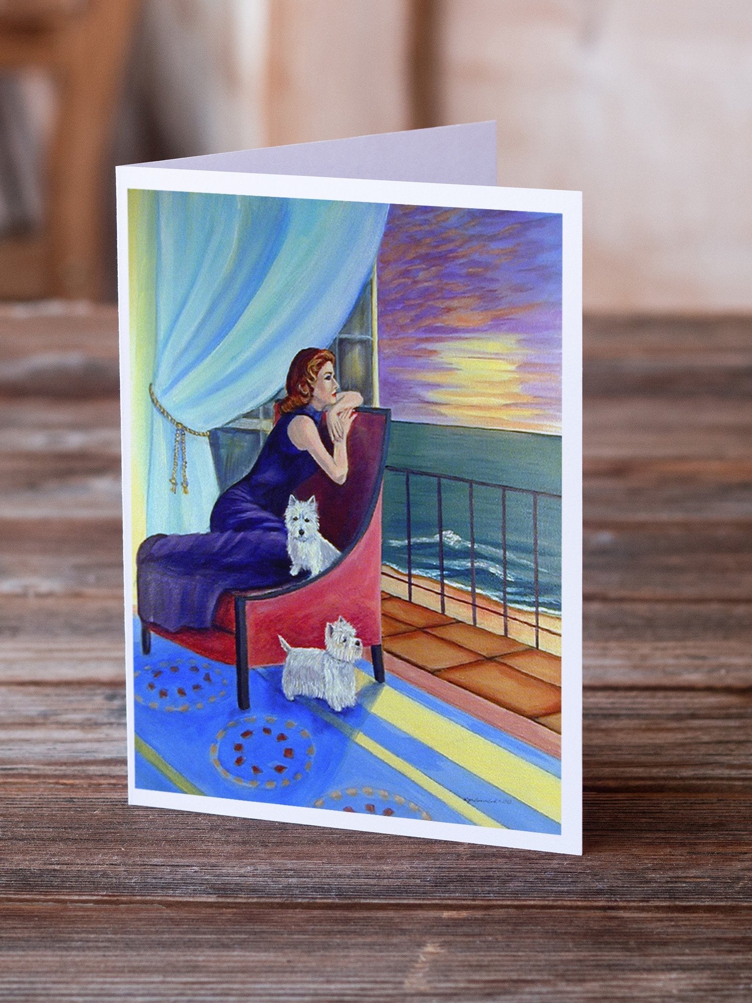 Lady with her Westie Greeting Cards Pack of 8 Blank Cards with Envelopes Whimsical A7 Size 5x7