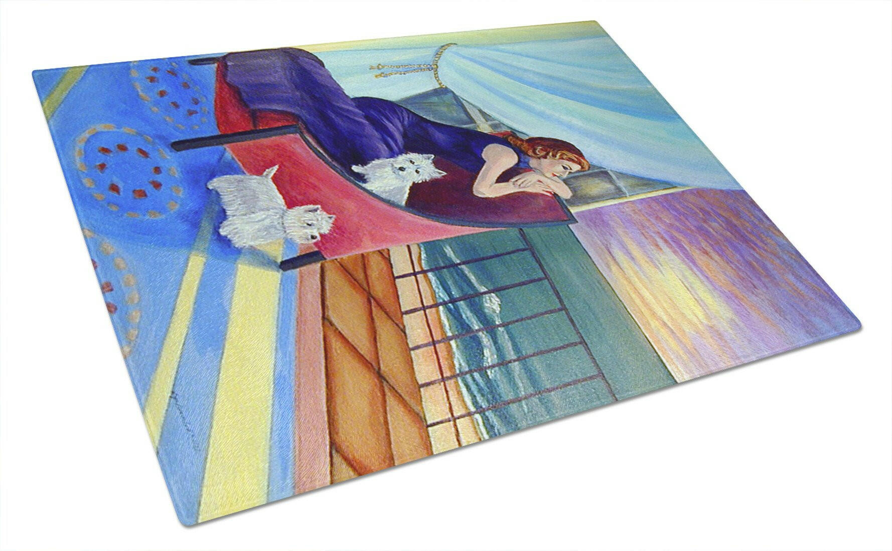 Lady with her Westie Cutting Board Tempered Glass Kitchen Cutting Surface, Heat Resistant Chopping, Non-Slip Feet, Food Prep & Serving