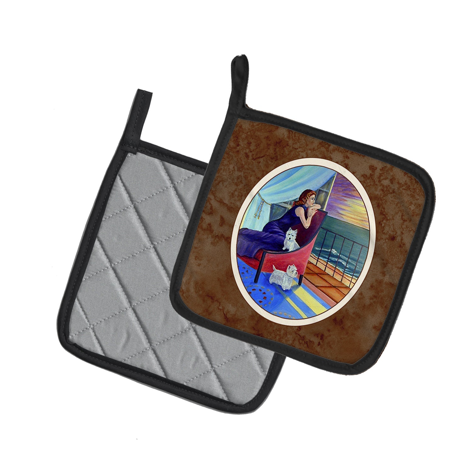 Lady with her Westie Pot Holder Set of 2 Heat Resistant Quilted Hot Pads 7.5 x 7.5 Inch, Insulated Kitchen Trivets for Cooking & Baking