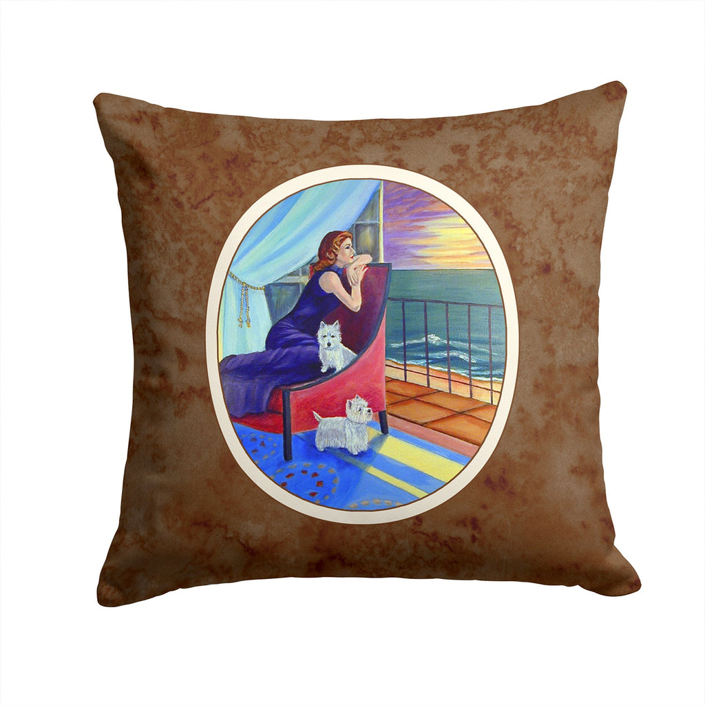 Lady with her Westie Decorative Throw Pillow 14x14 Indoor Outdoor Accent Cushion, Fabric Cover with Insert for Sofa, Bed, Porch & Living Room