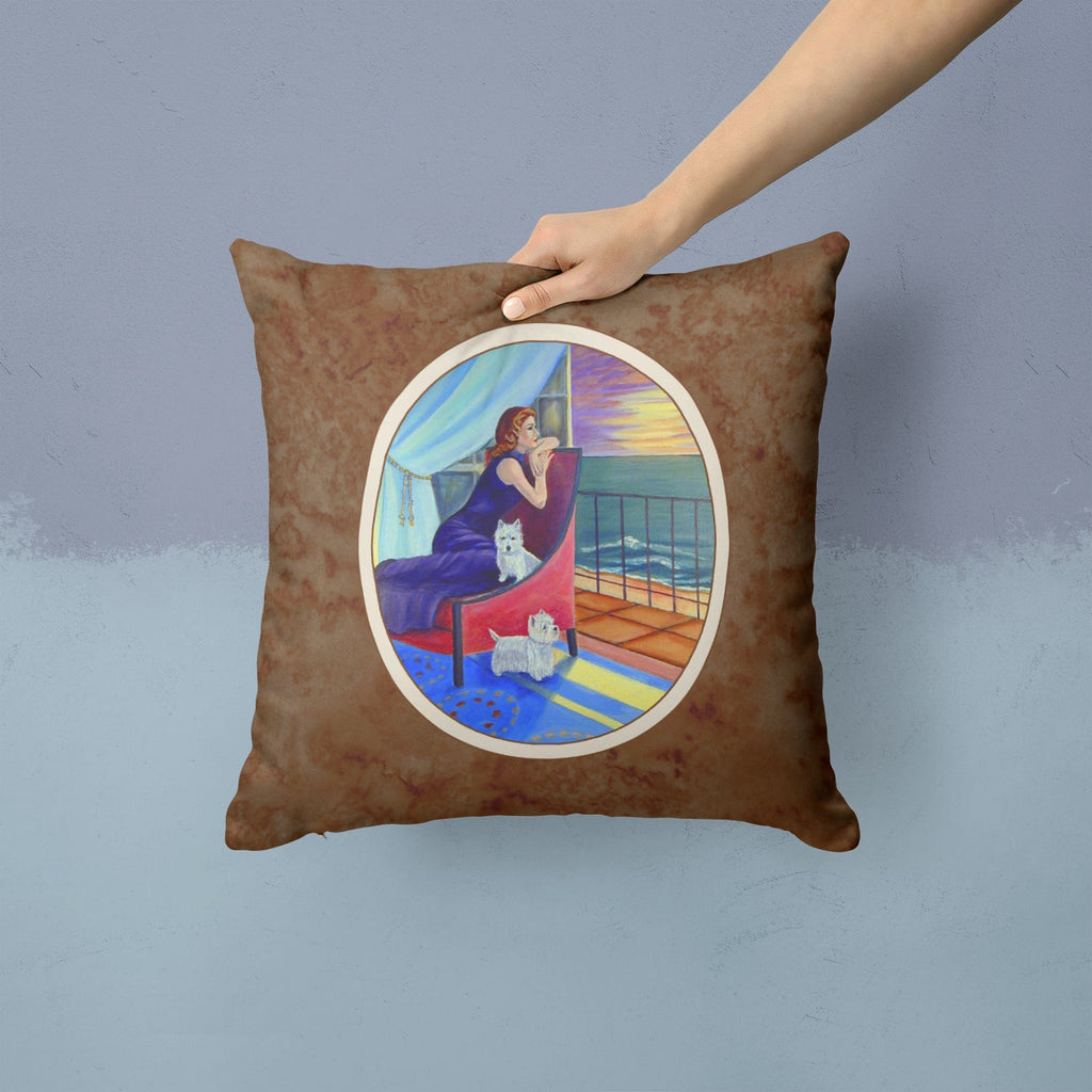 Lady with her Westie Decorative Throw Pillow 14x14 Indoor Outdoor Accent Cushion, Fabric Cover with Insert for Sofa, Bed, Porch & Living Room