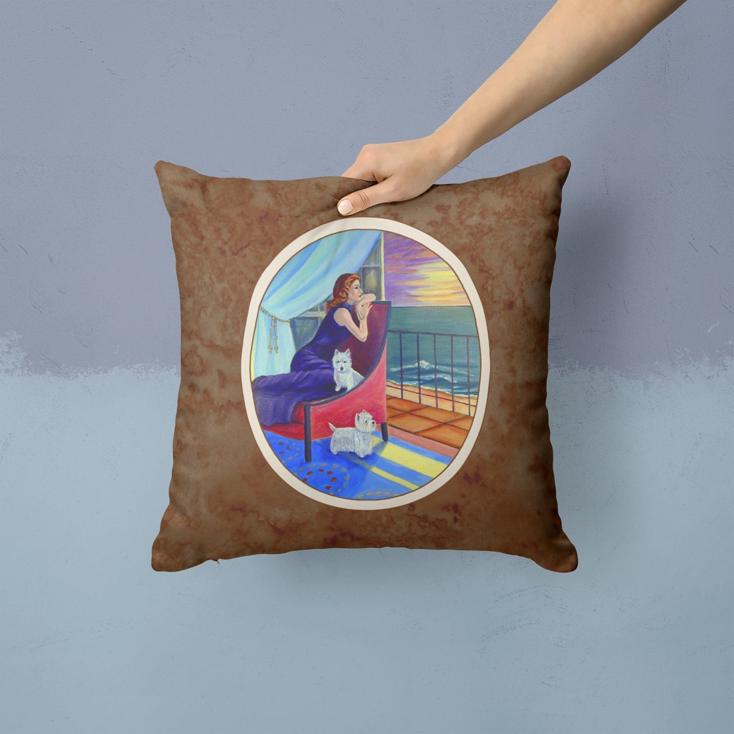 Lady with her Westie Decorative Throw Pillow 14x14 Indoor Outdoor Accent Cushion, Fabric Cover with Insert for Sofa, Bed, Porch & Living Room
