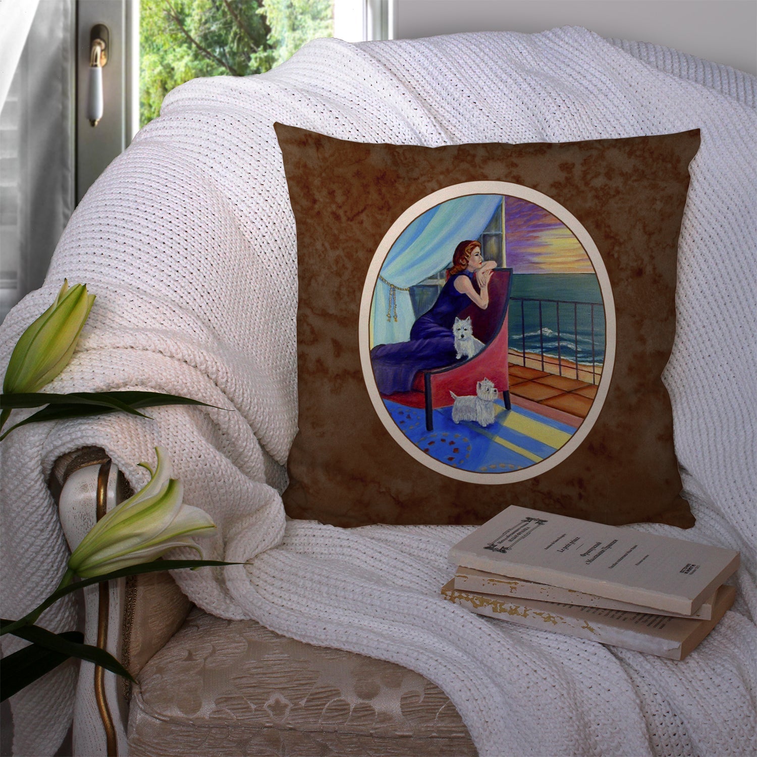 Lady with her Westie Decorative Throw Pillow 14x14 Indoor Outdoor Accent Cushion, Fabric Cover with Insert for Sofa, Bed, Porch & Living Room