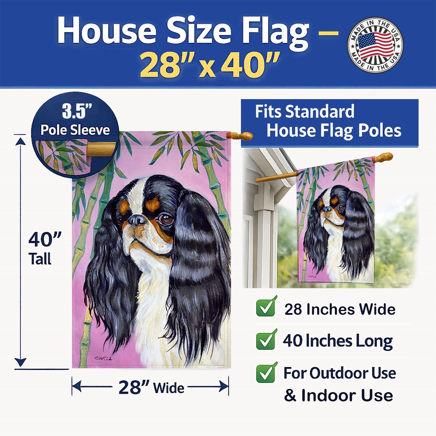 English Toy Spaniel House Flag 28x40 Porch Sleeve Pole Decorative Outside Yard Banner Artwork Wall Hanging, Polyester