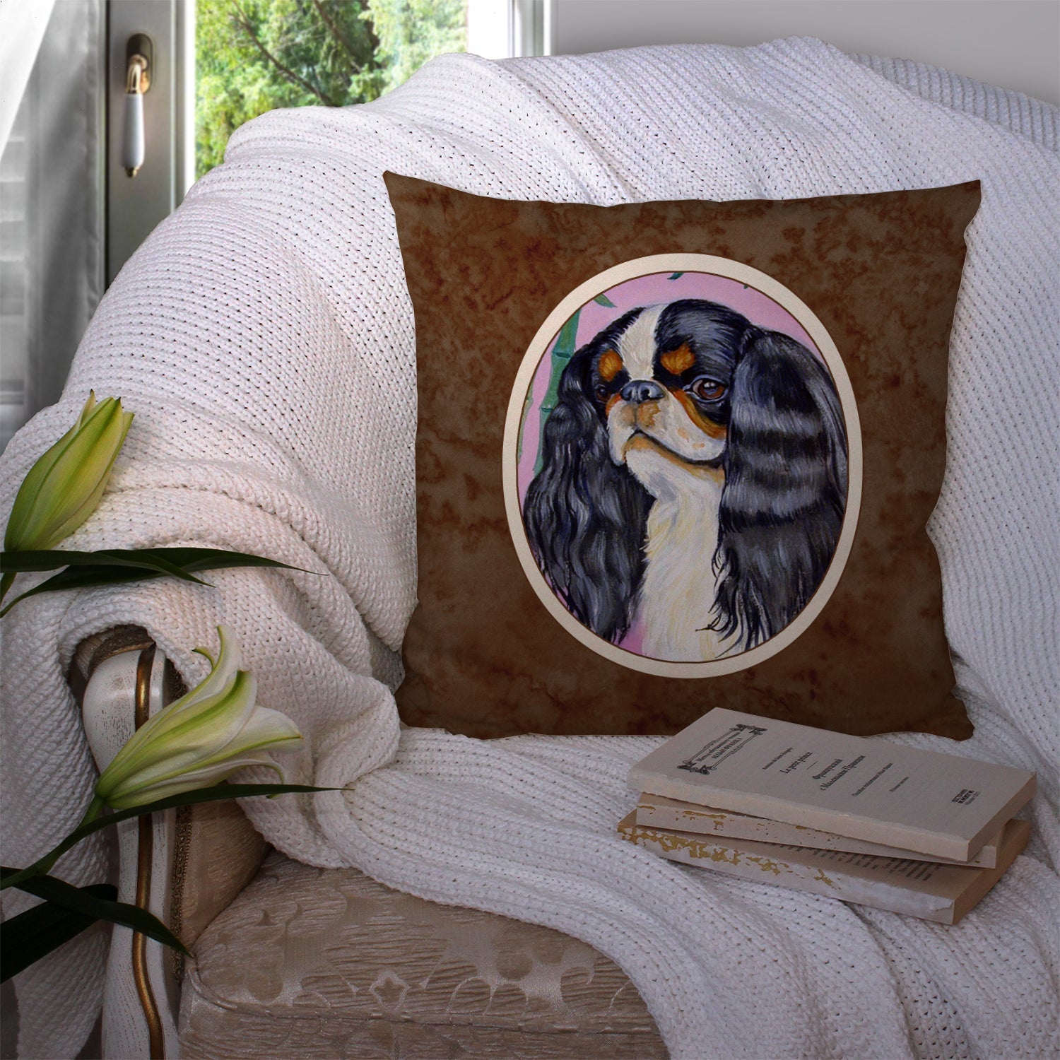 English Toy Spaniel Decorative Throw Pillow 14x14 Indoor Outdoor Accent Cushion, Fabric Cover with Insert for Sofa, Bed, Porch & Living Room
