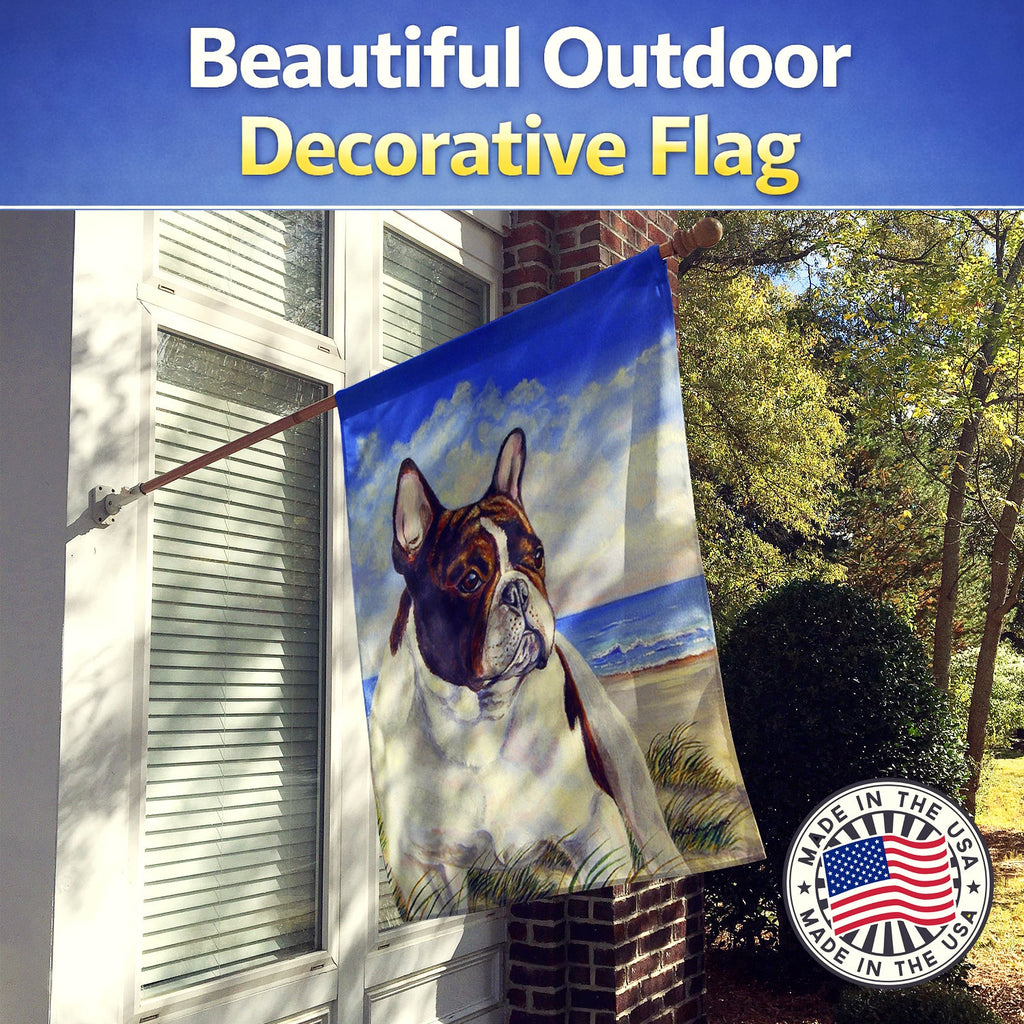 French Bulldog at the beach House Flag 28x40 Porch Sleeve Pole Decorative Outside Yard Banner Artwork Wall Hanging, Polyester