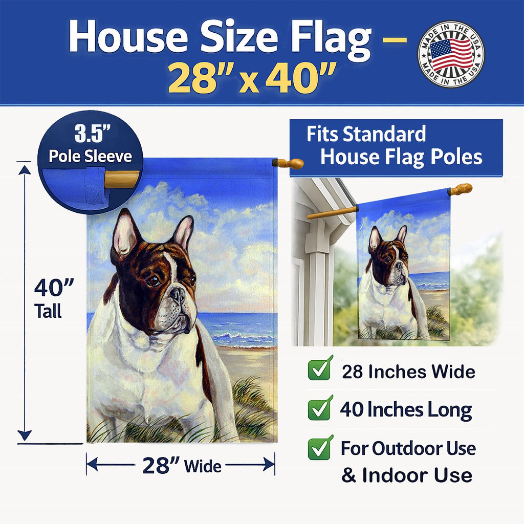 French Bulldog at the beach House Flag 28x40 Porch Sleeve Pole Decorative Outside Yard Banner Artwork Wall Hanging, Polyester