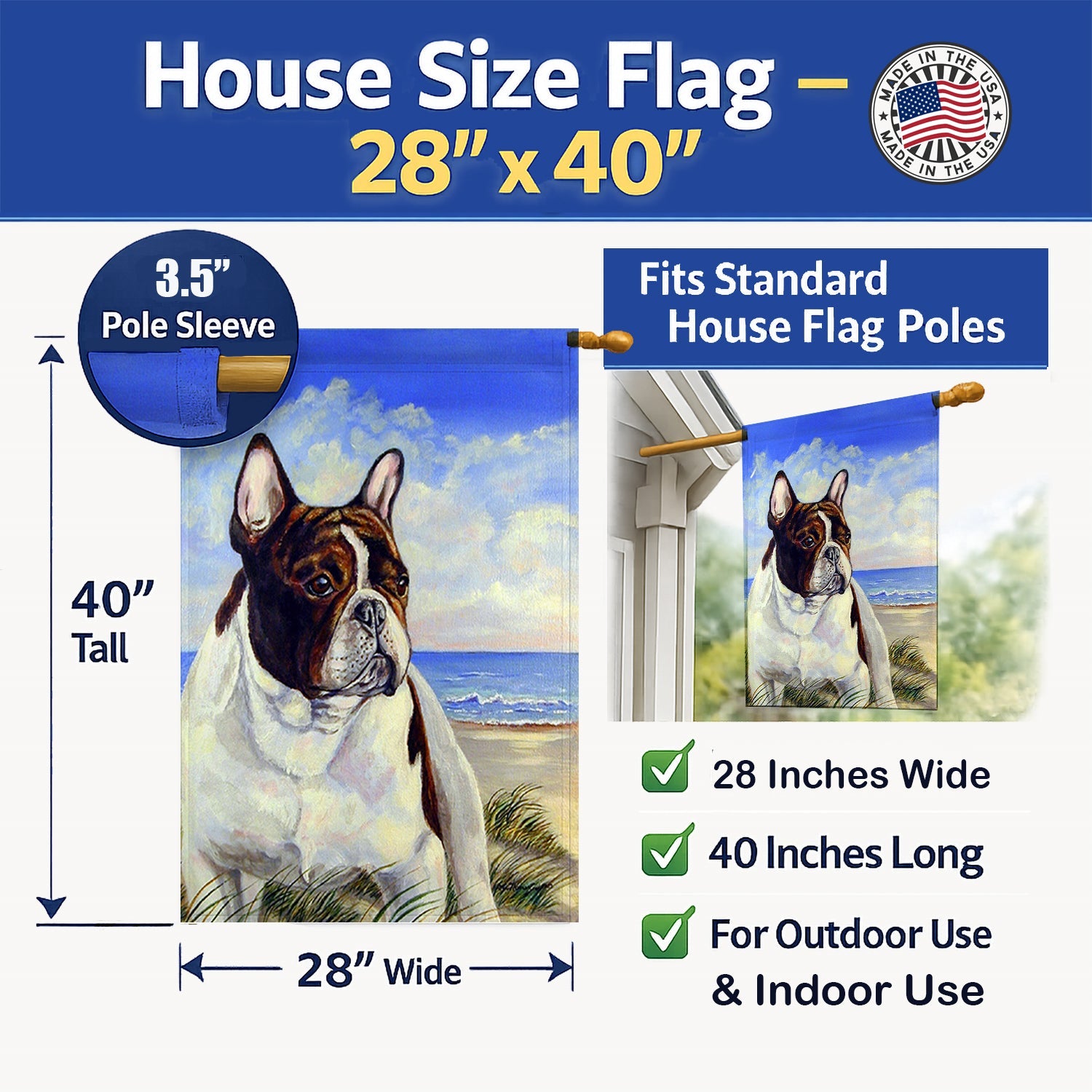 French Bulldog at the beach House Flag 28x40 Porch Sleeve Pole Decorative Outside Yard Banner Artwork Wall Hanging, Polyester