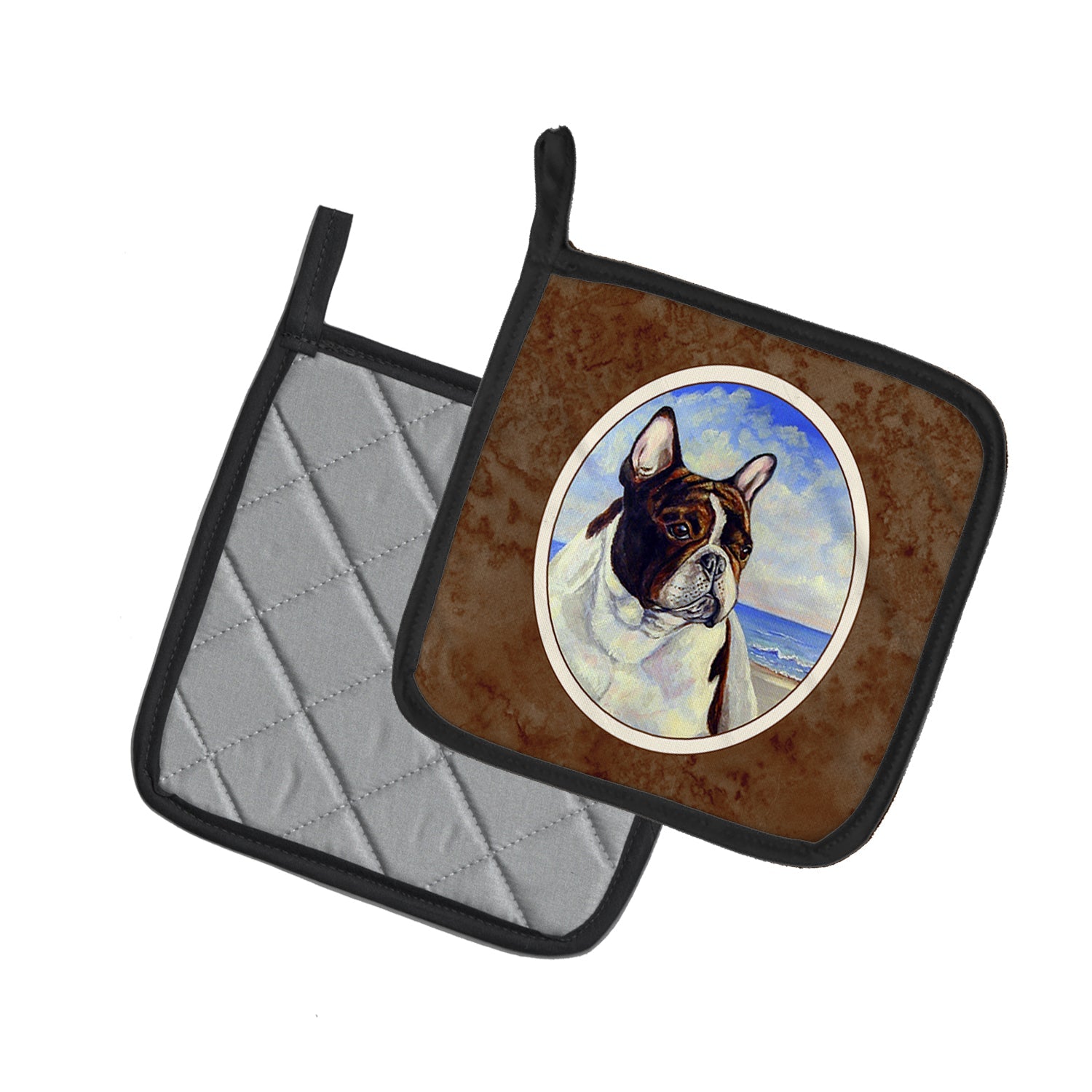 French Bulldog at the beach Pot Holder Set of 2 Heat Resistant Quilted Hot Pads 7.5 x 7.5 Inch, Insulated Kitchen Trivets for Cooking & Baking