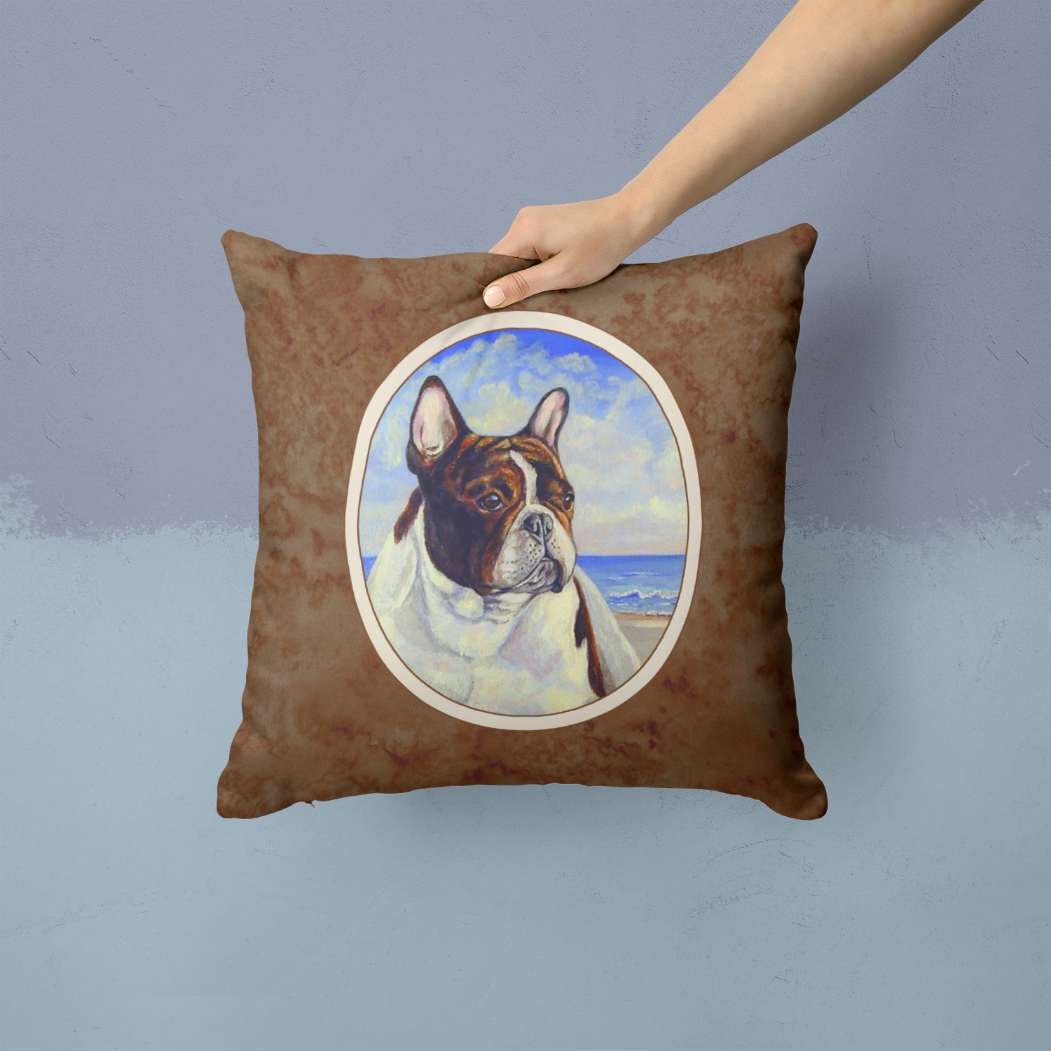 French Bulldog at the beach Decorative Throw Pillow 14x14 Indoor Outdoor Accent Cushion, Fabric Cover with Insert for Sofa, Bed, Porch & Living Room