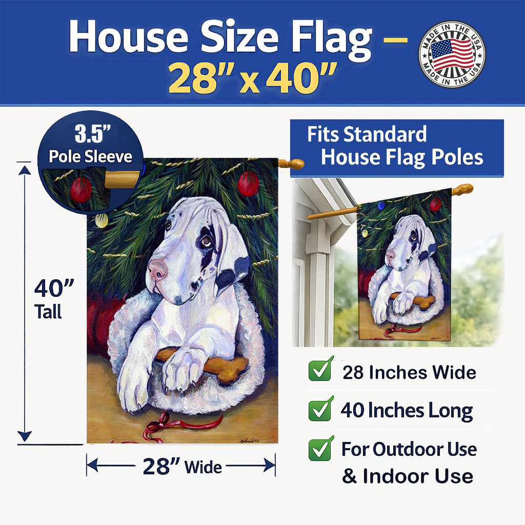 Christmas Tree with Harlequin Great Dane House Flag 28x40 Porch Sleeve Pole Decorative Outside Yard Banner Artwork Wall Hanging, Polyester