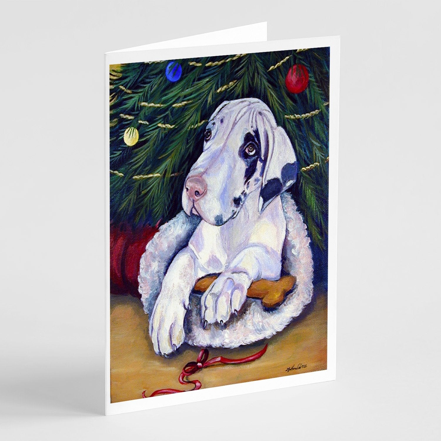 Christmas Tree with Harlequin Great Dane Greeting Cards Pack of 8 Blank Cards with Envelopes Whimsical A7 Size 5x7