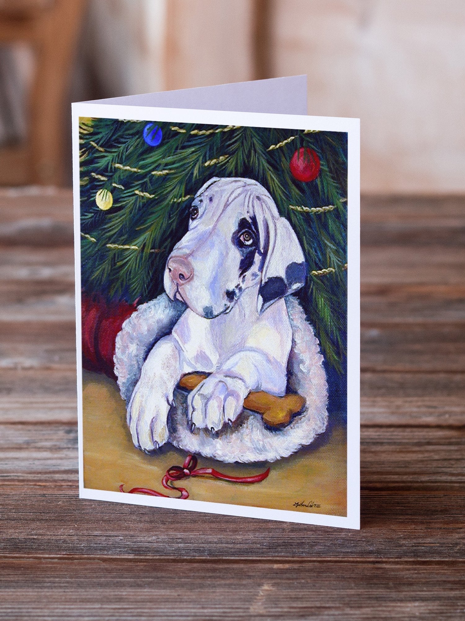 Christmas Tree with Harlequin Great Dane Greeting Cards Pack of 8 Blank Cards with Envelopes Whimsical A7 Size 5x7