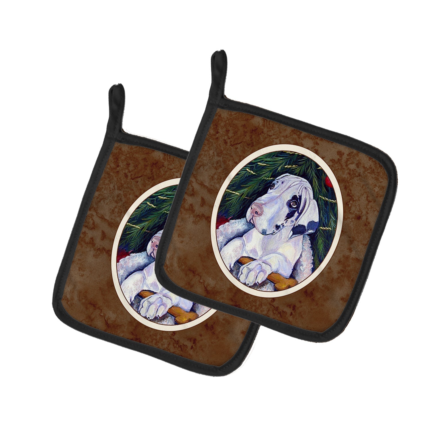 Christmas Tree with Harlequin Great Dane Pot Holder Set of 2 Heat Resistant Quilted Hot Pads 7.5 x 7.5 Inch, Insulated Kitchen Trivets for Cooking & Baking