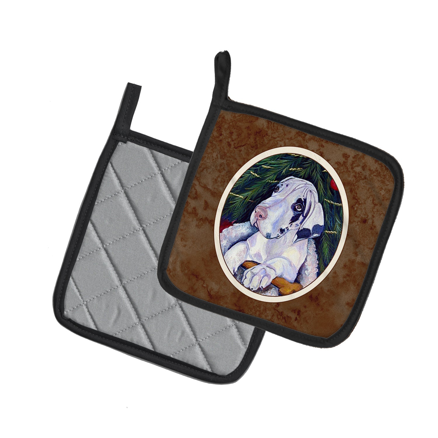 Christmas Tree with Harlequin Great Dane Pot Holder Set of 2 Heat Resistant Quilted Hot Pads 7.5 x 7.5 Inch, Insulated Kitchen Trivets for Cooking & Baking