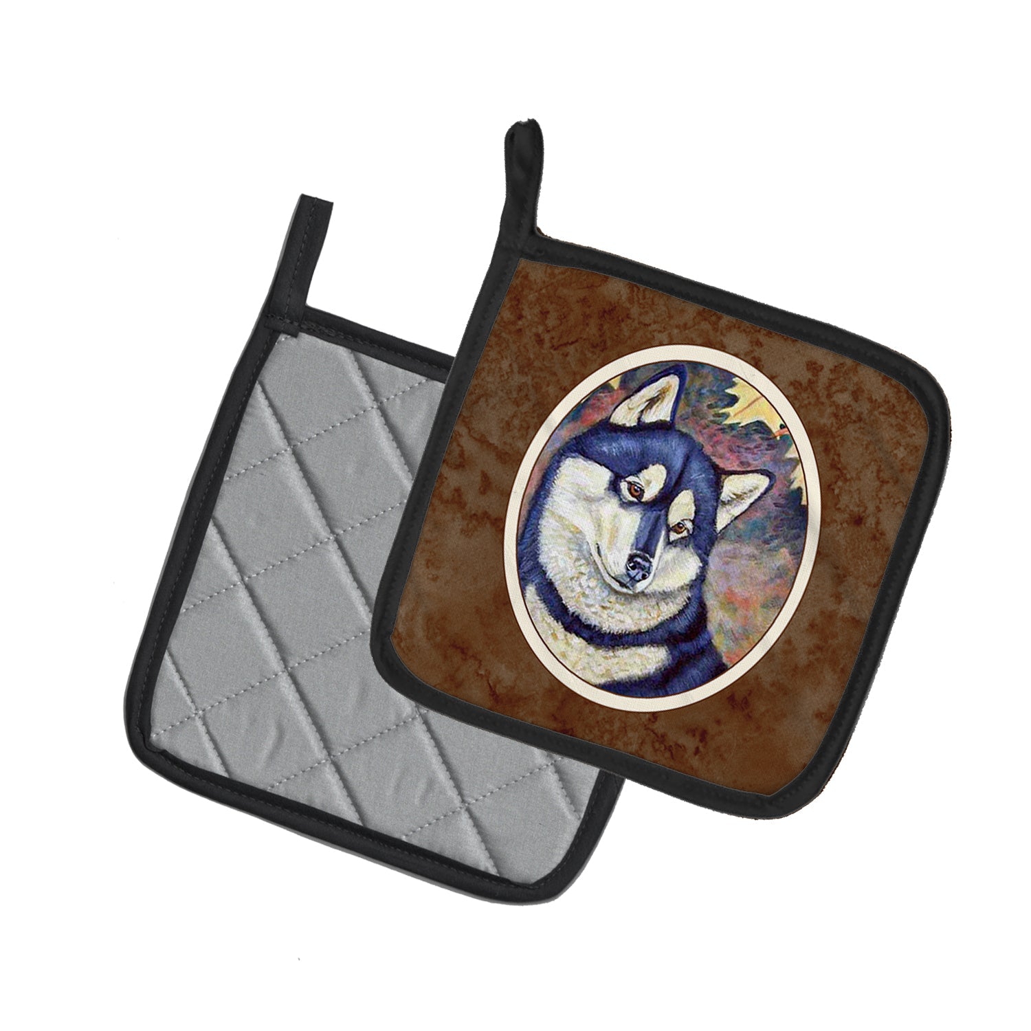 Fall Leaves Siberian Husky Pot Holder Set of 2 Heat Resistant Quilted Hot Pads 7.5 x 7.5 Inch, Insulated Kitchen Trivets for Cooking & Baking