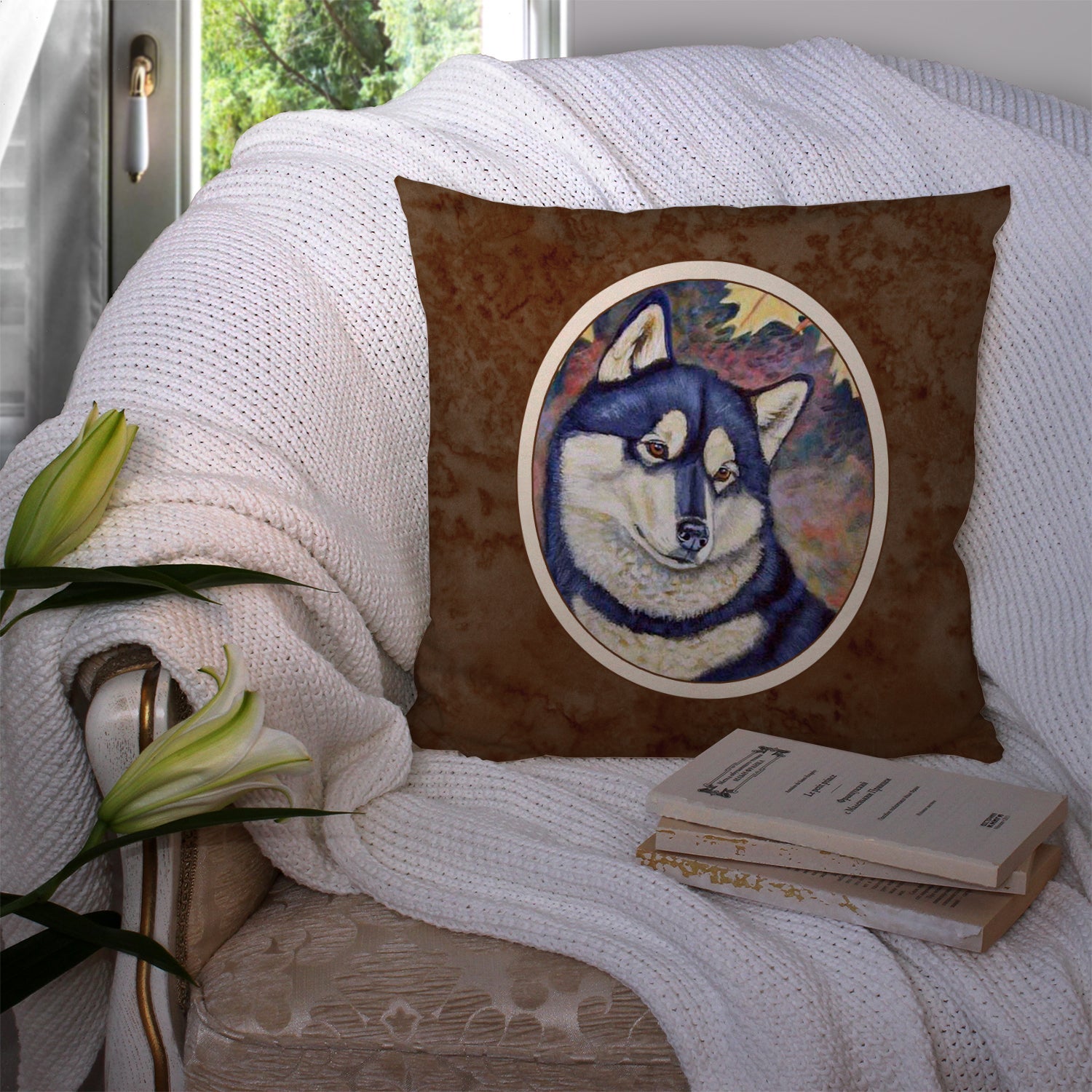 Fall Leaves Siberian Husky Decorative Throw Pillow 14x14 Indoor Outdoor Accent Cushion, Fabric Cover with Insert for Sofa, Bed, Porch & Living Room