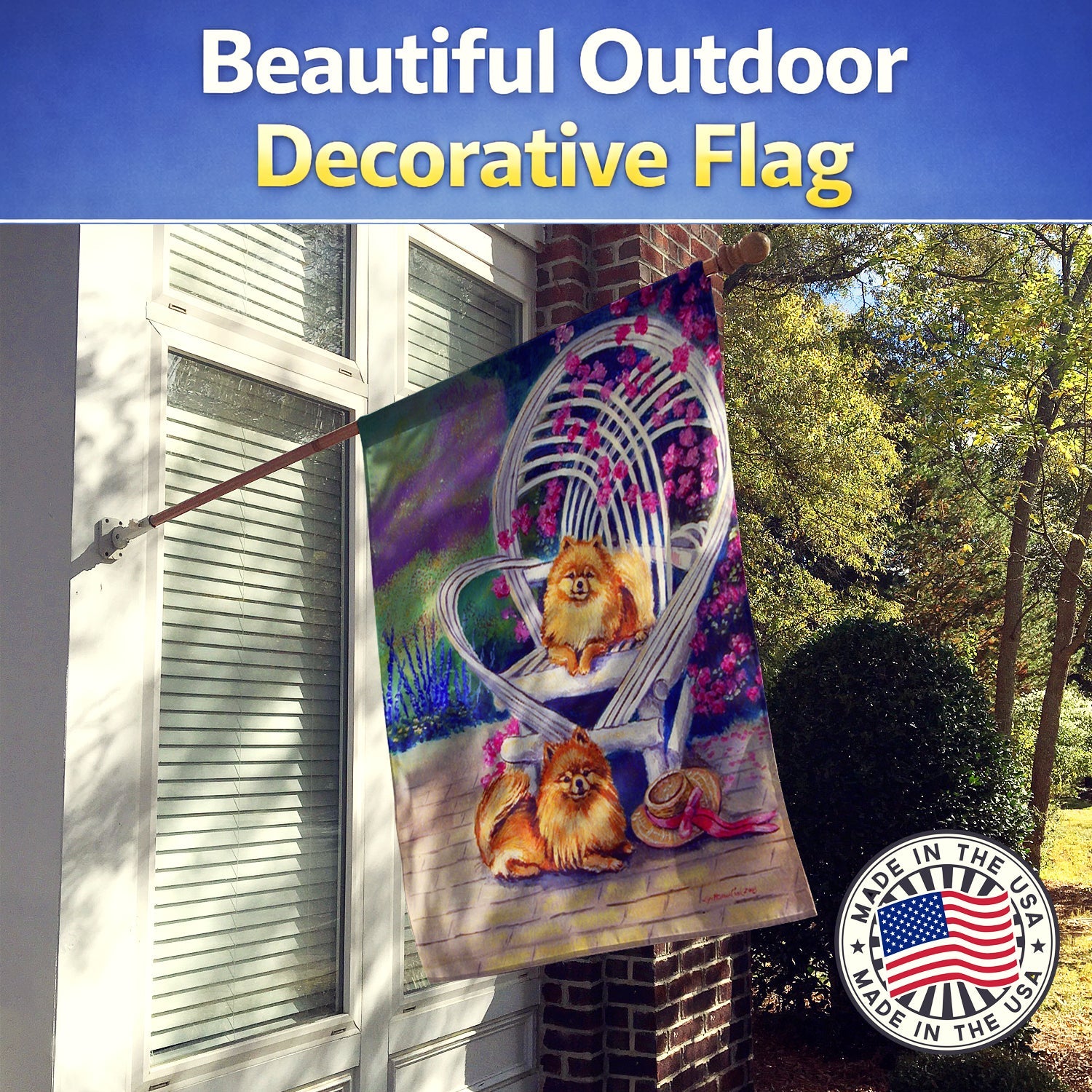 Red Pomeranians House Flag 28x40 Porch Sleeve Pole Decorative Outside Yard Banner Artwork Wall Hanging, Polyester