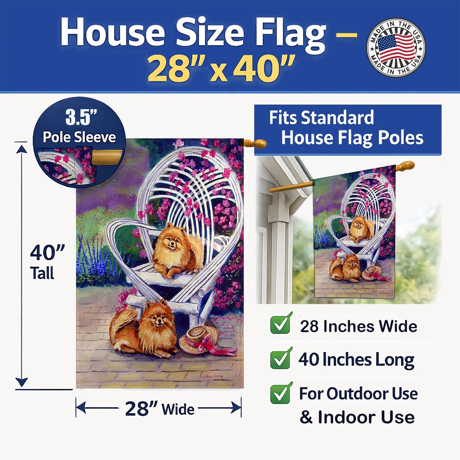 Red Pomeranians House Flag 28x40 Porch Sleeve Pole Decorative Outside Yard Banner Artwork Wall Hanging, Polyester