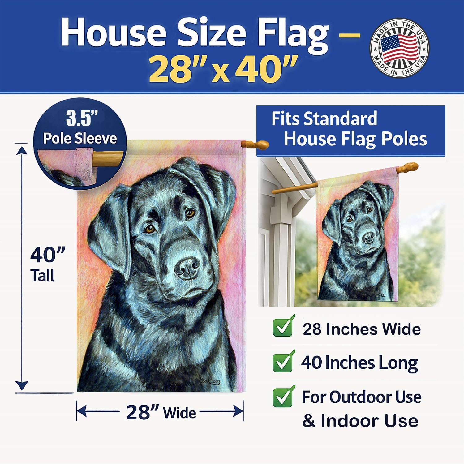 Black Labrador House Flag 28x40 Porch Sleeve Pole Decorative Outside Yard Banner Artwork Wall Hanging, Polyester