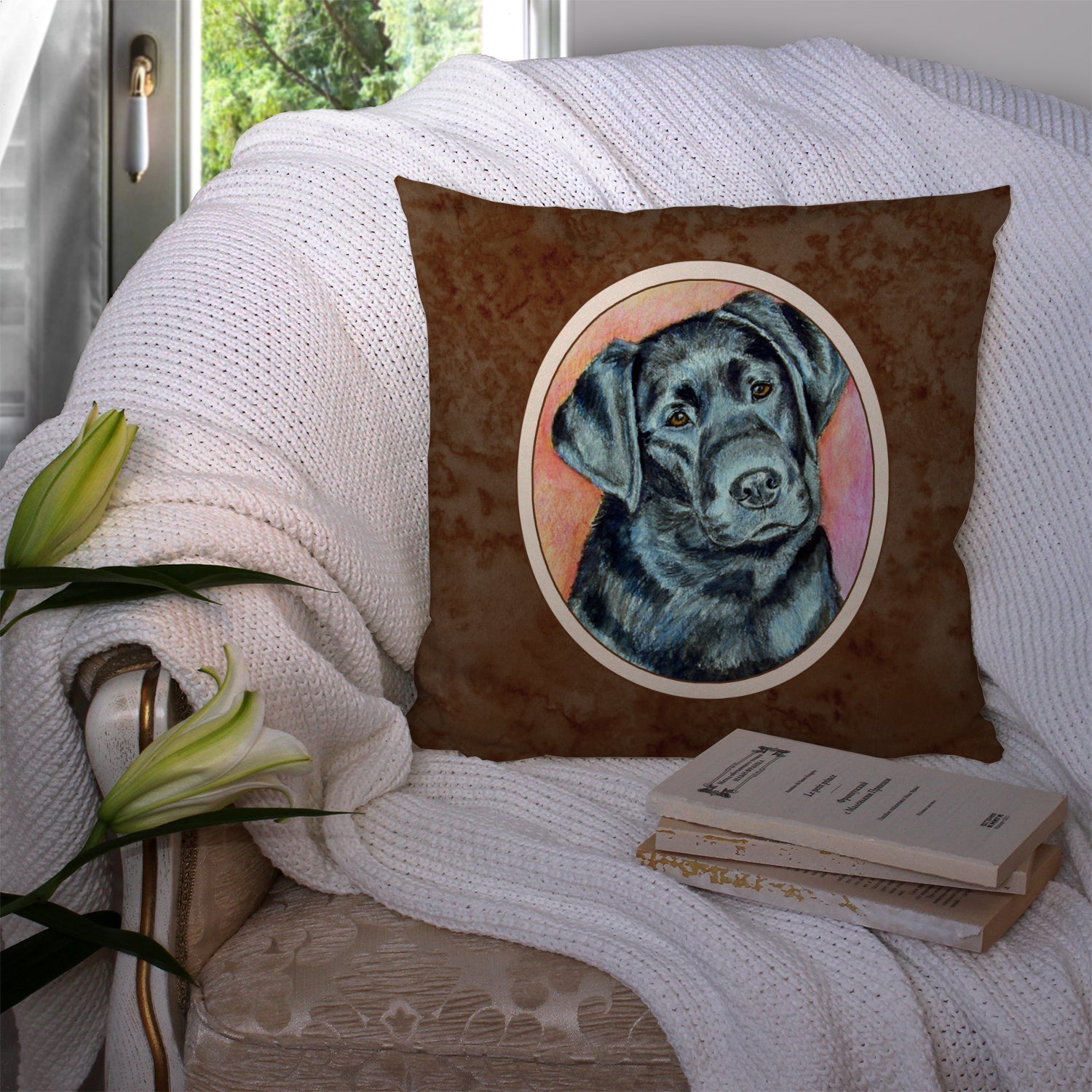 Black Labrador Decorative Throw Pillow 14x14 Indoor Outdoor Accent Cushion, Fabric Cover with Insert for Sofa, Bed, Porch & Living Room