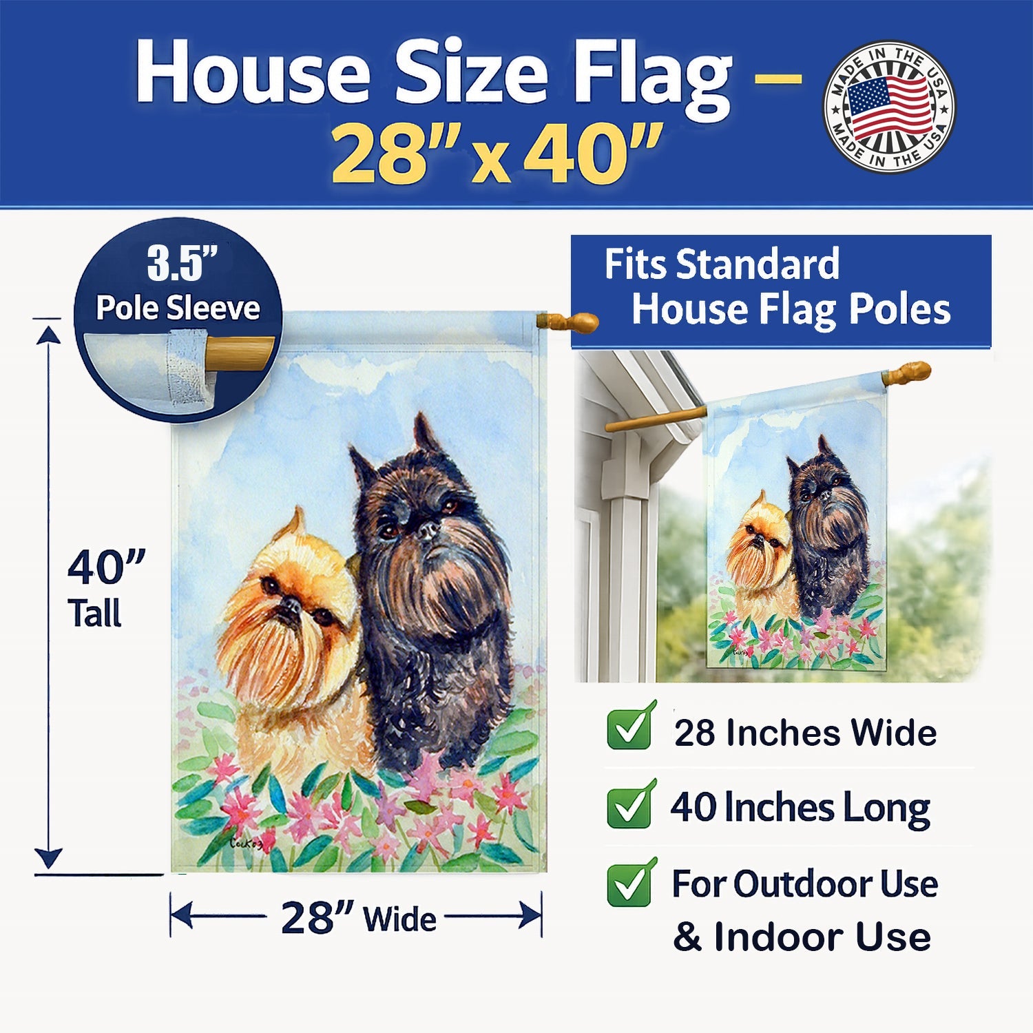 Brussels Griffon House Flag 28x40 Porch Sleeve Pole Decorative Outside Yard Banner Artwork Wall Hanging, Polyester