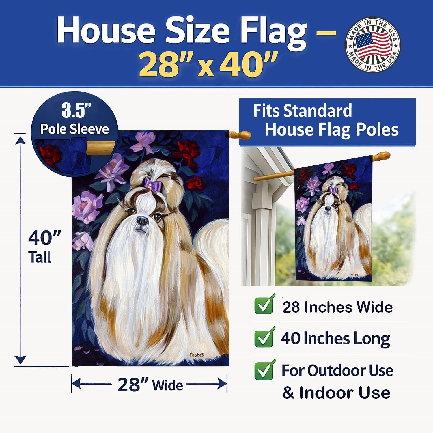 Shih Tzu House Flag 28x40 Porch Sleeve Pole Decorative Outside Yard Banner Artwork Wall Hanging, Polyester