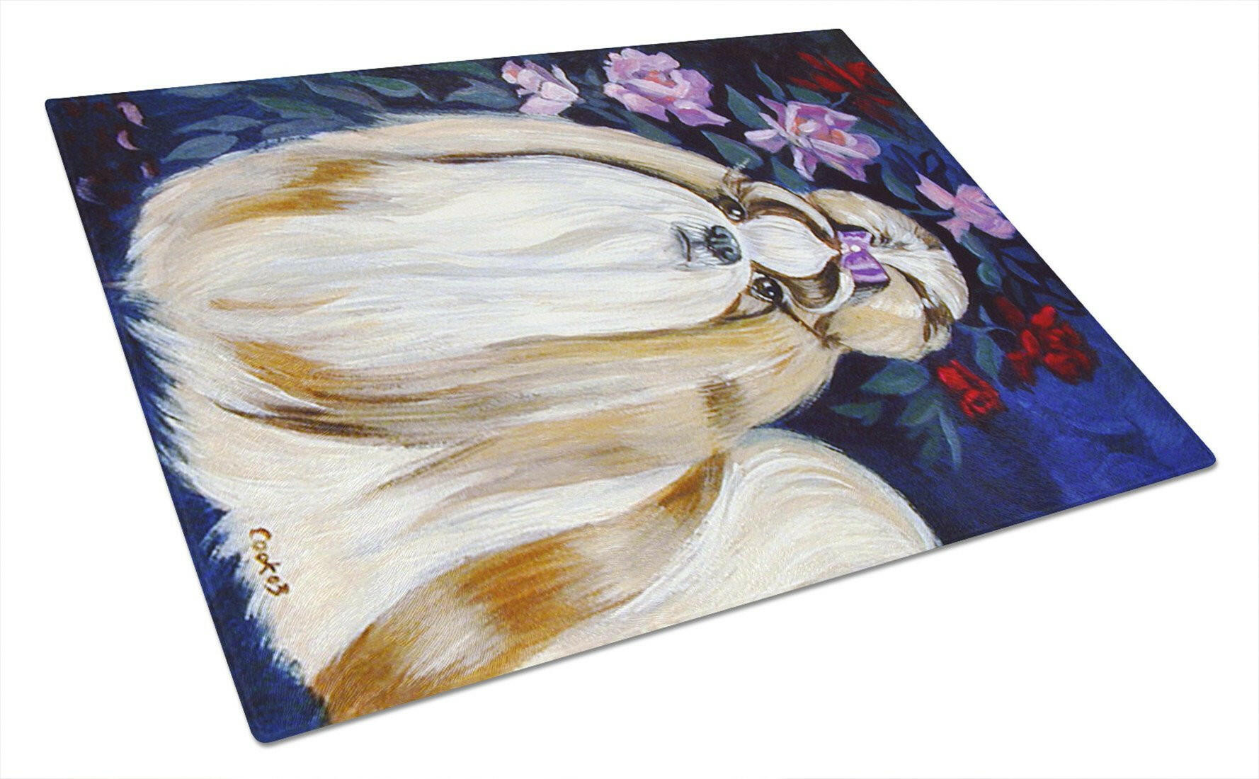 Shih Tzu Cutting Board Tempered Glass Kitchen Cutting Surface, Heat Resistant Chopping, Non-Slip Feet, Food Prep & Serving