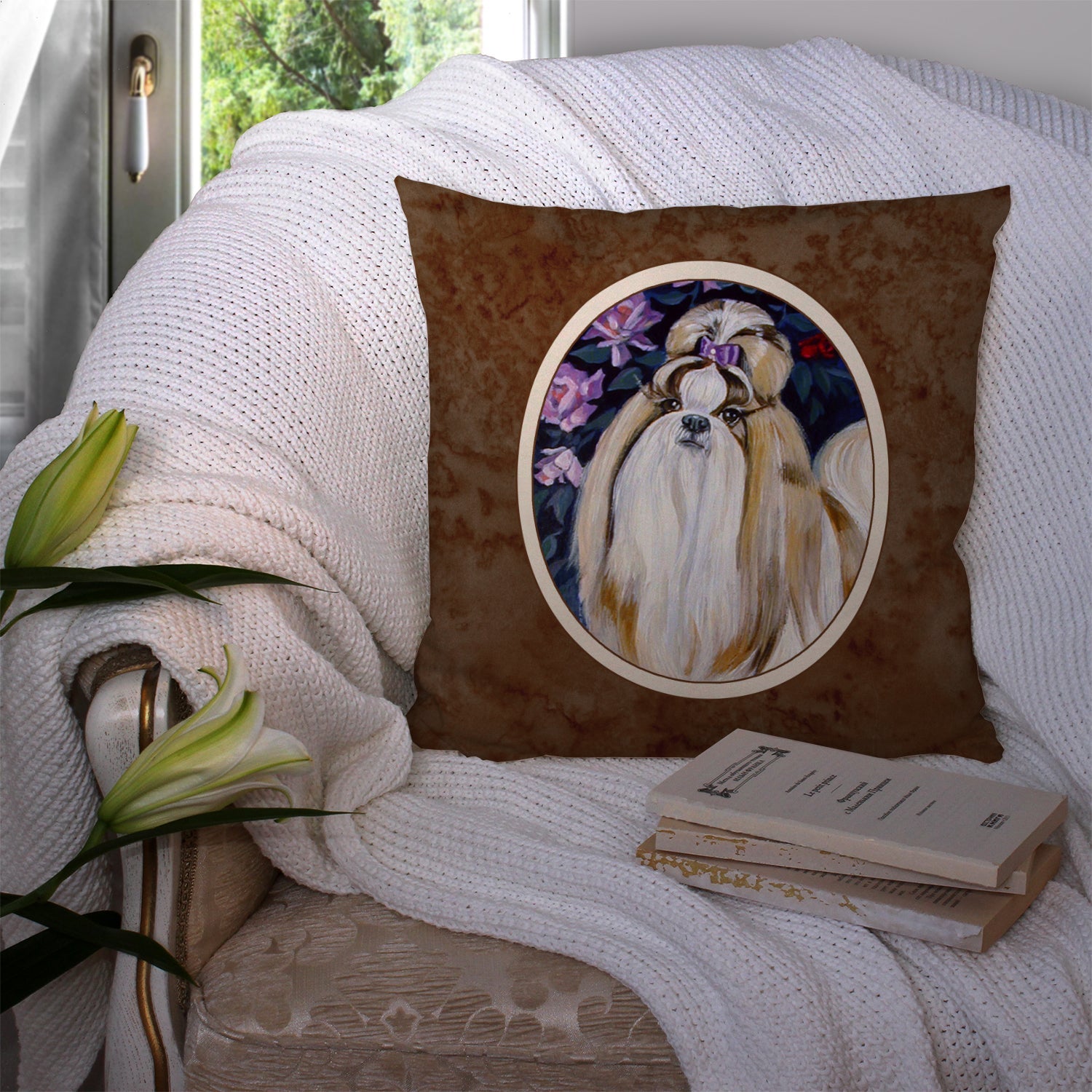 Shih Tzu Decorative Throw Pillow 14x14 Indoor Outdoor Accent Cushion, Fabric Cover with Insert for Sofa, Bed, Porch & Living Room