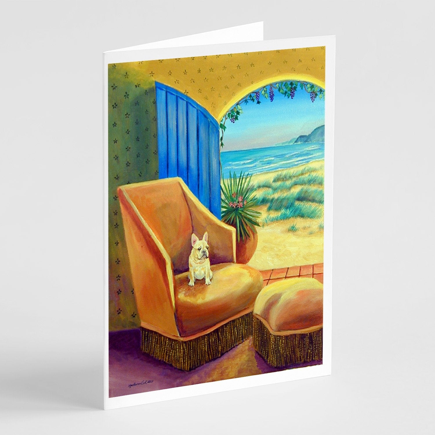 French Bulldog at the beach cottage Greeting Cards Pack of 8 Blank Cards with Envelopes Whimsical A7 Size 5x7
